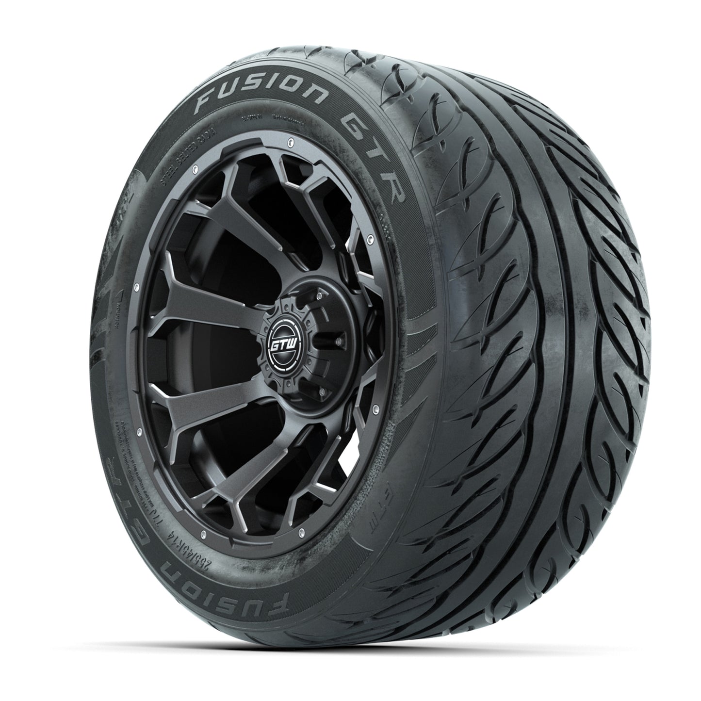 GTW® Raven Matte Gray/Ball Milled 14 in Wheels with 255/45-R14 Fusion GTR Steel Belt Radial Street Tires – Full Set