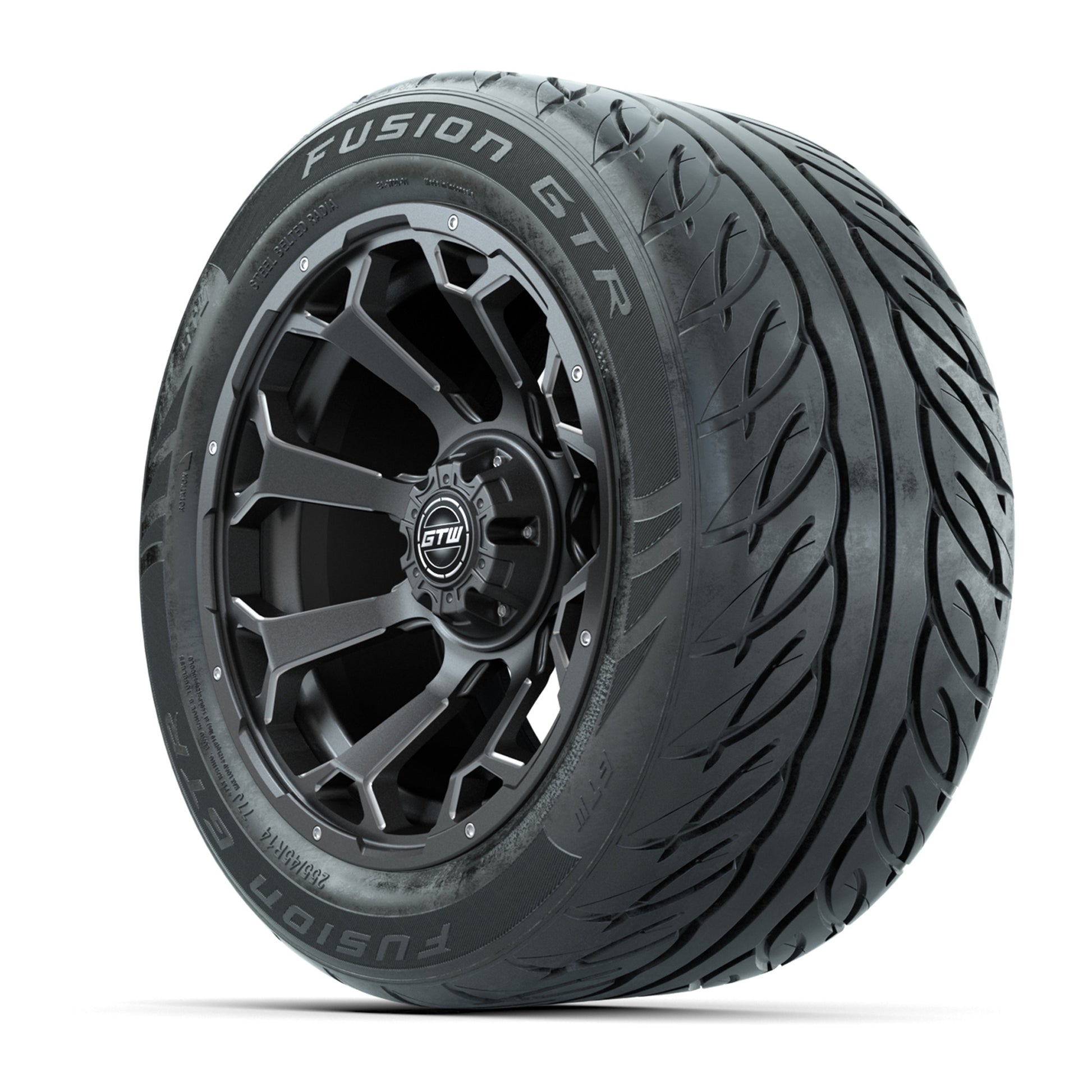 GTW® Raven Matte Gray/Ball Milled 14 in Wheels with 255/45-R14 Fusion GTR Steel Belt Radial Street Tires – Full Set