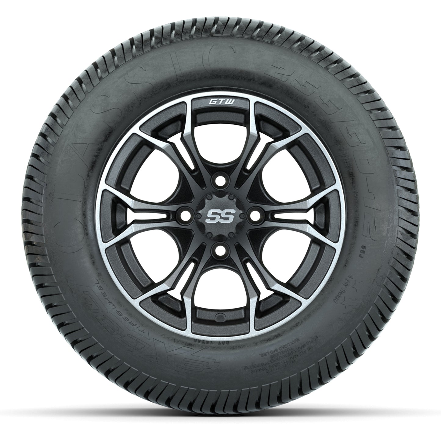 GTW® Spyder Matte Gray/Machined 12 in Wheels with 255/50-12 Excel Classic Street Tires – Full Set