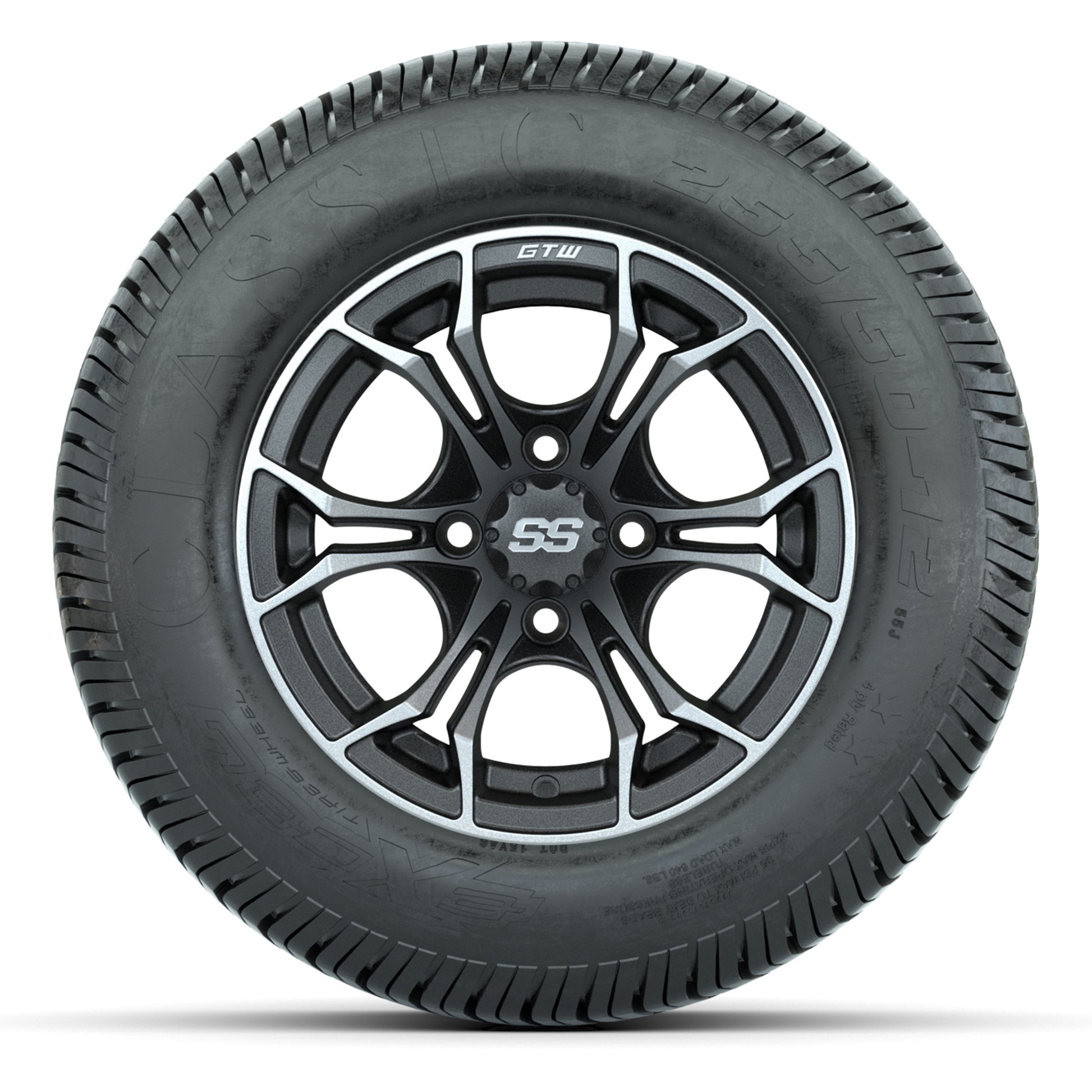 GTW® Spyder Matte Gray/Machined 12 in Wheels with 255/50-12 Excel Classic Street Tires – Full Set