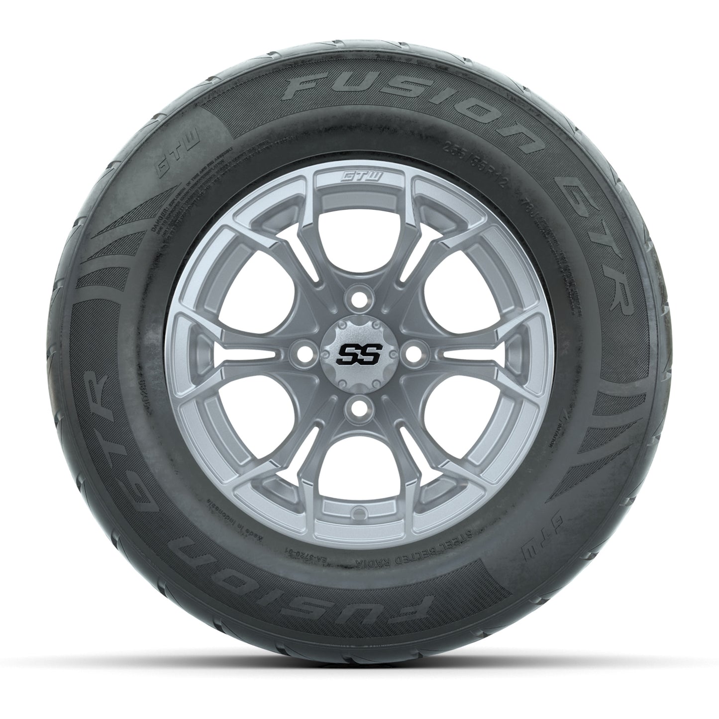 GTW® Spyder Silver Brush 12 in Wheels with 255/55-R12 Fusion GTR Steel Belt Radial Street Tires – Full Set