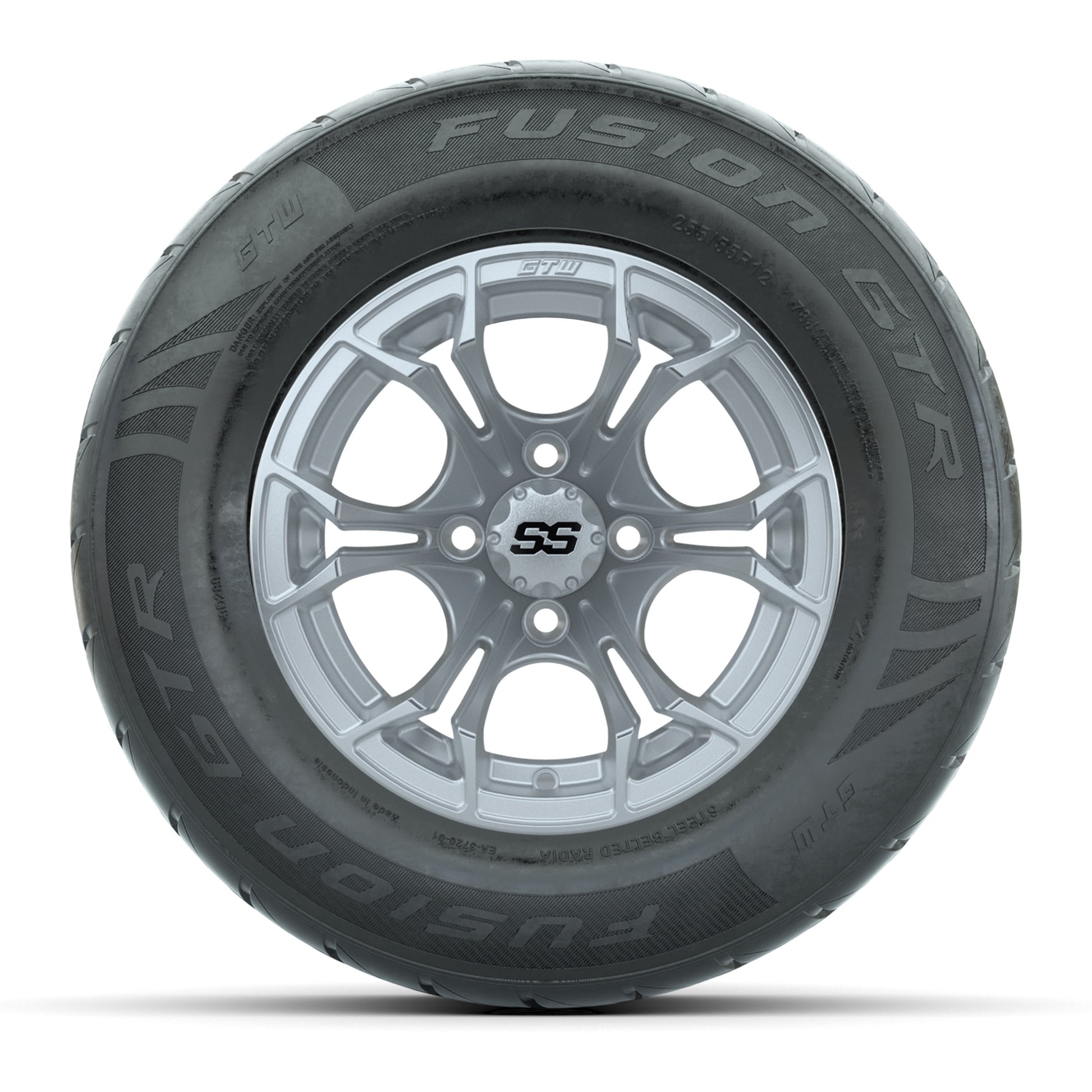 GTW® Spyder Silver Brush 12 in Wheels with 255/55-R12 Fusion GTR Steel Belt Radial Street Tires – Full Set