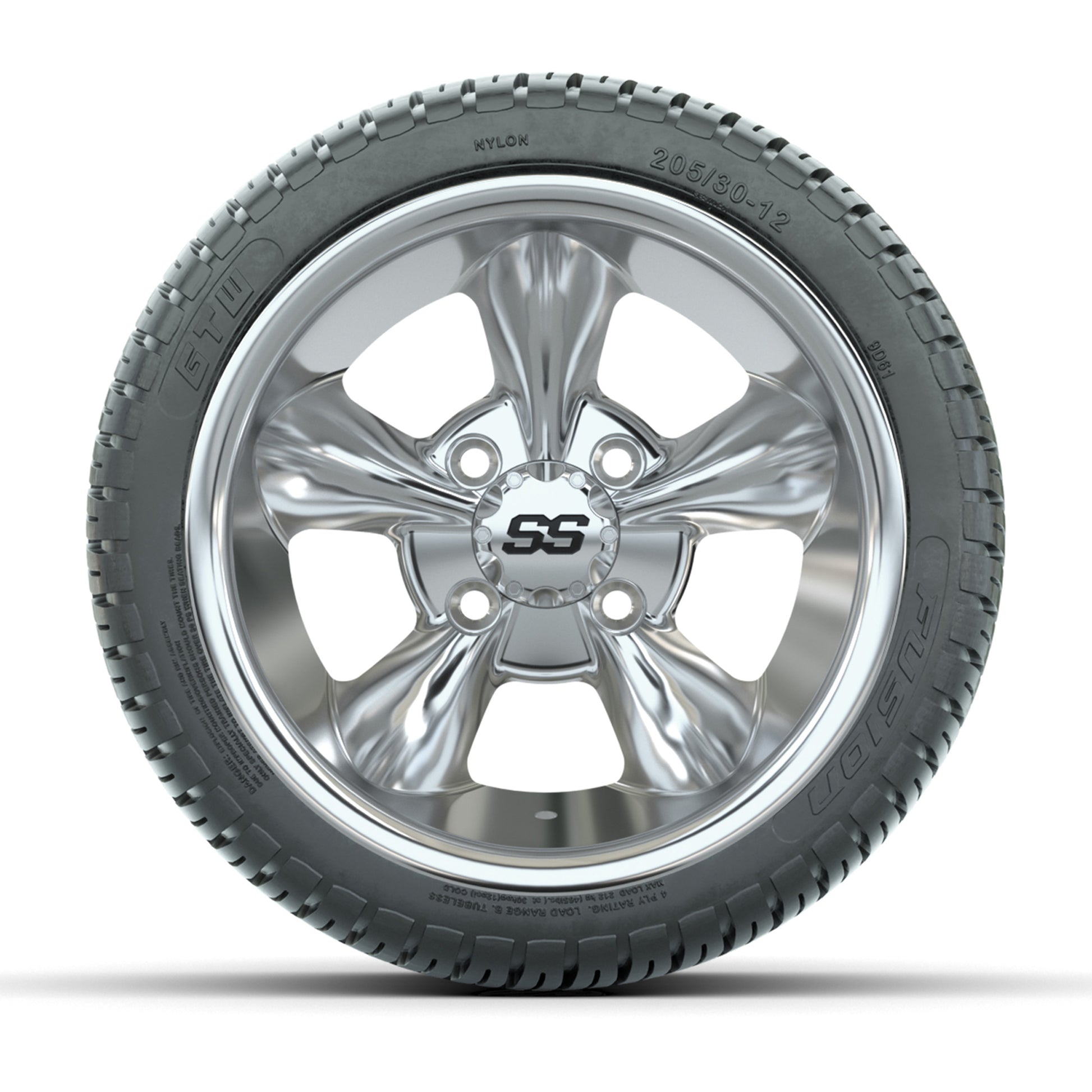 GTW® Godfather Chrome 12 in Wheels with 205/30-12 Fusion Street Tires – Full Set