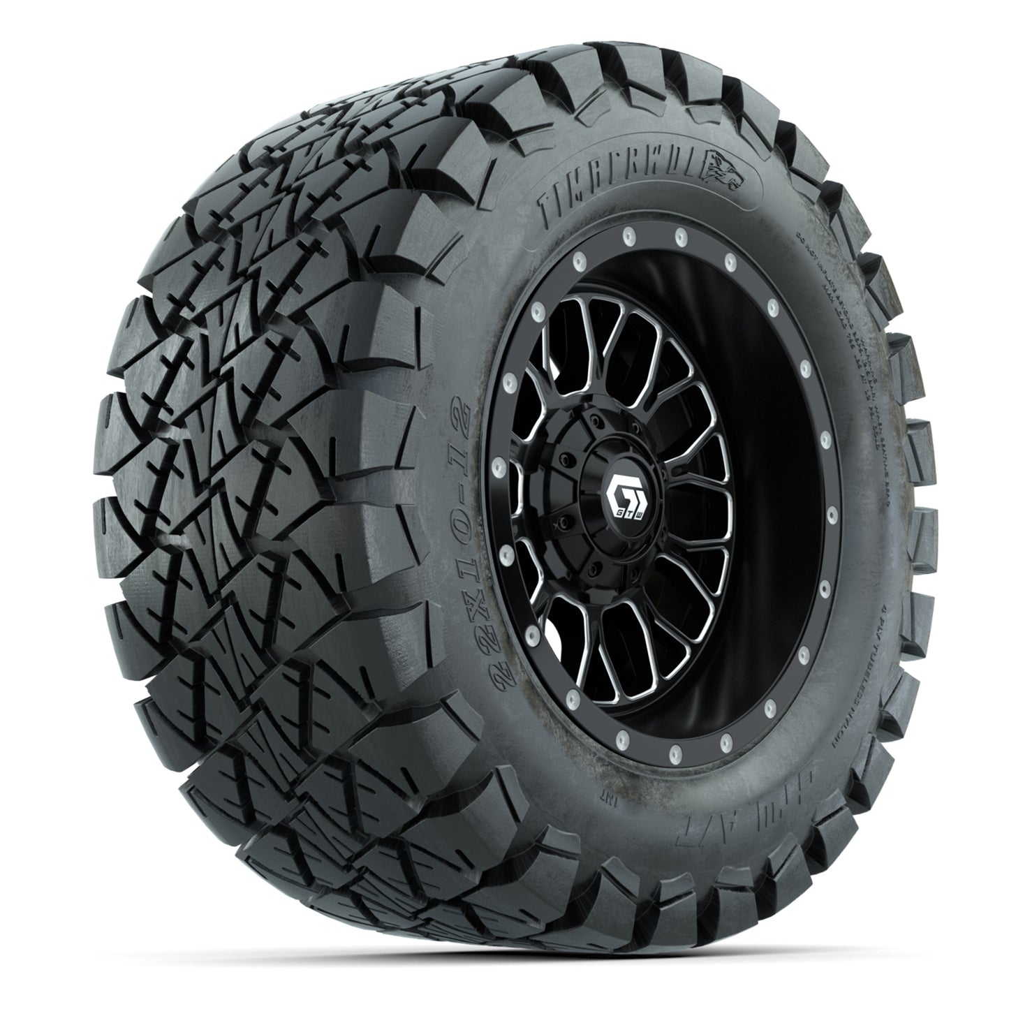 GTW® Helix Black/Machined 12 in Wheels with 22X10-12 Timberwolf All-Terrain Tires – Full Set