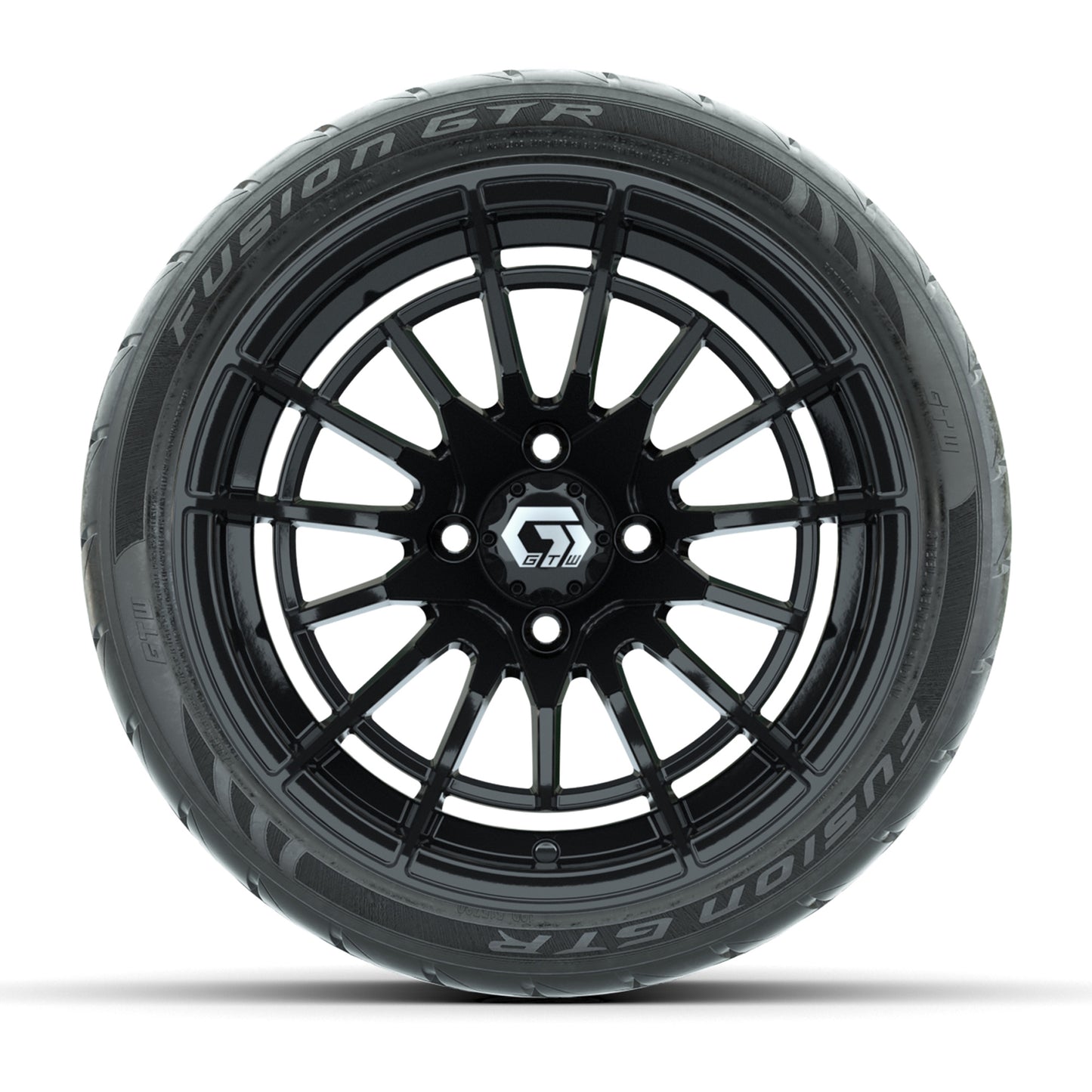 GTW® Boost Gloss Black 14 in Wheels with 205/40-R14 Fusion GTR Steel Belted Street Tires – Full Set