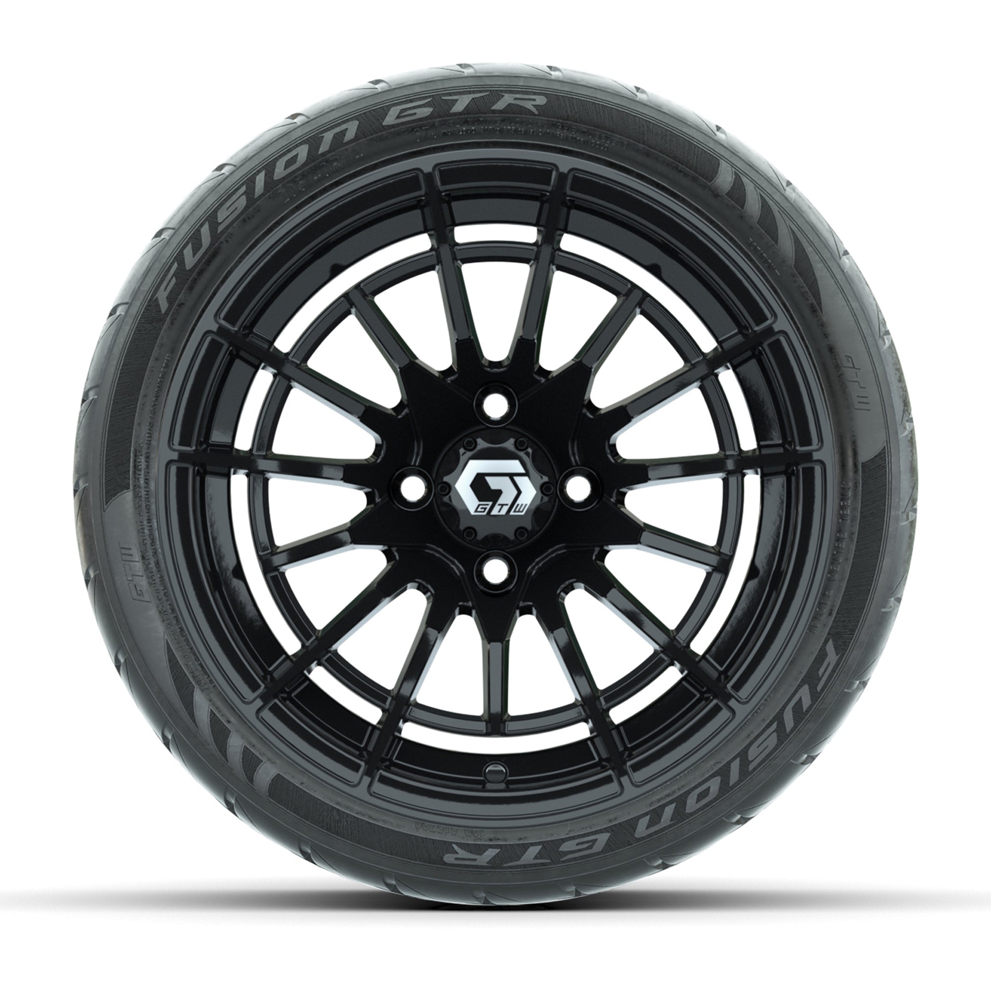 GTW® Boost Gloss Black 14 in Wheels with 205/40-R14 Fusion GTR Steel Belted Street Tires – Full Set