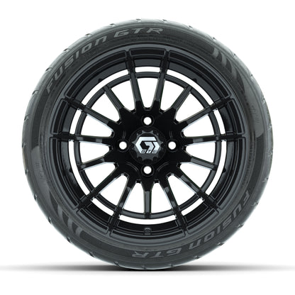 GTW® Boost Gloss Black 14 in Wheels with 205/40-R14 Fusion GTR Steel Belted Street Tires – Full Set