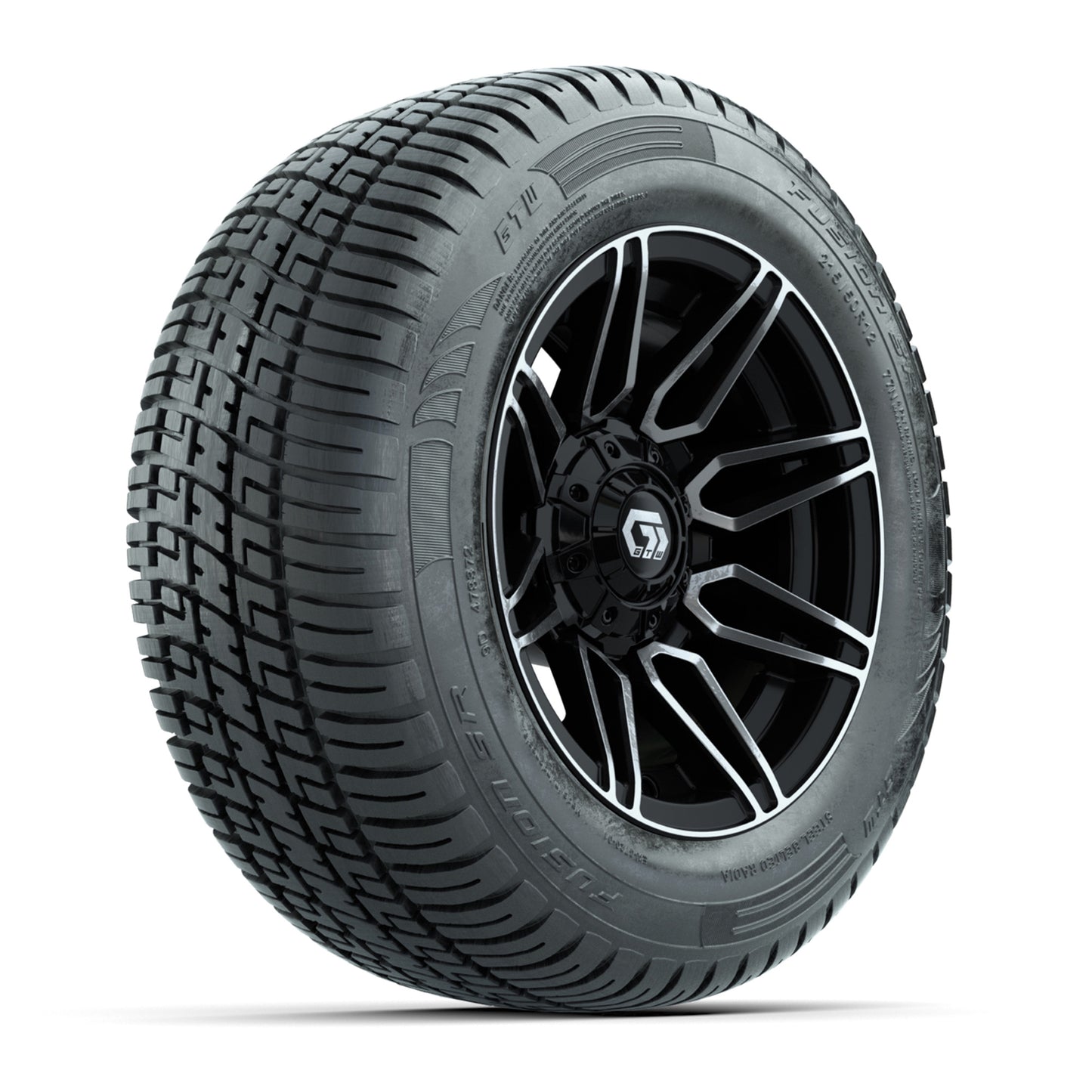 GTW® Stealth Black/Machined 12 in Wheels with 215/50-R12 Fusion S/R Steel Belt Radial Tires – Full Set