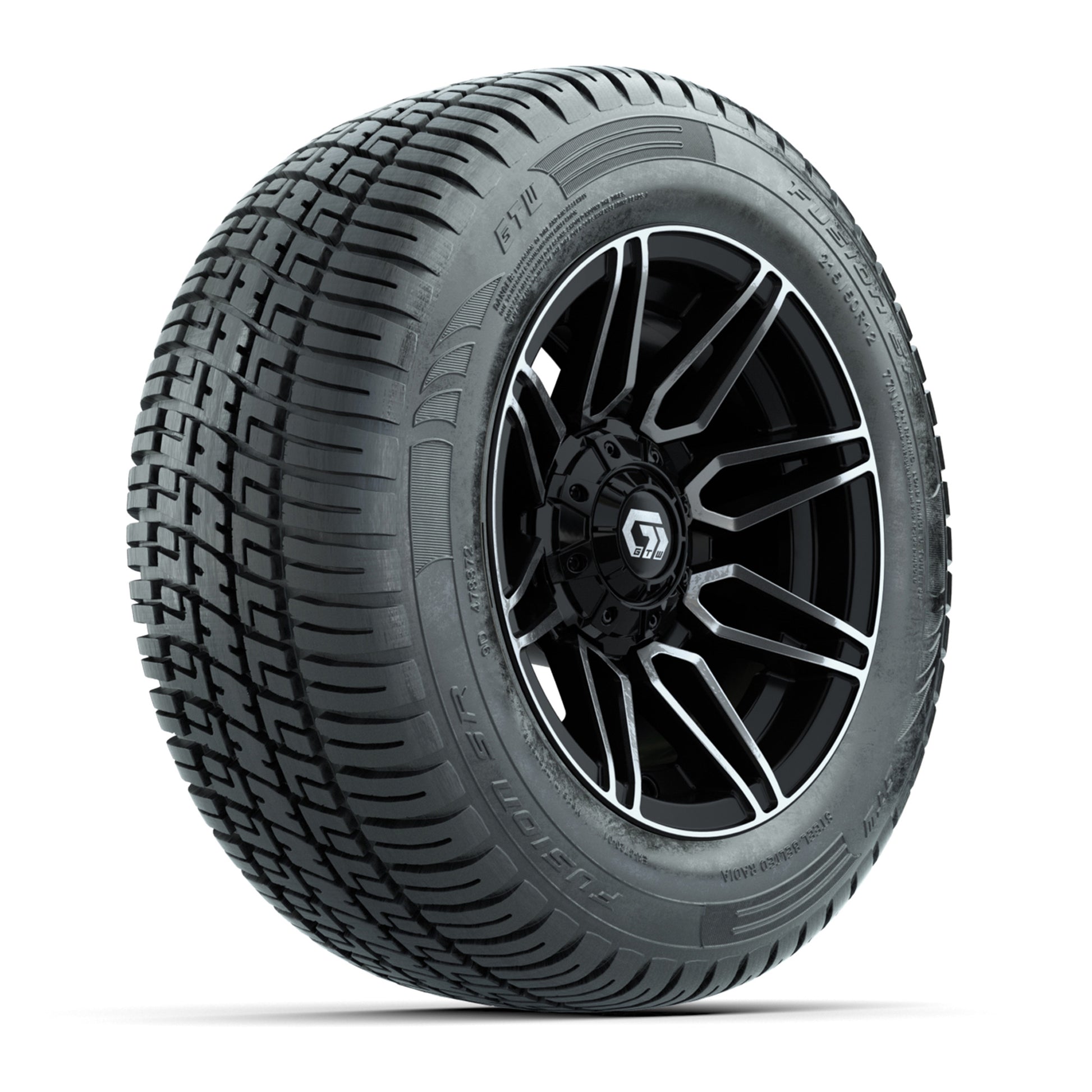 GTW® Stealth Black/Machined 12 in Wheels with 215/50-R12 Fusion S/R Steel Belt Radial Tires – Full Set