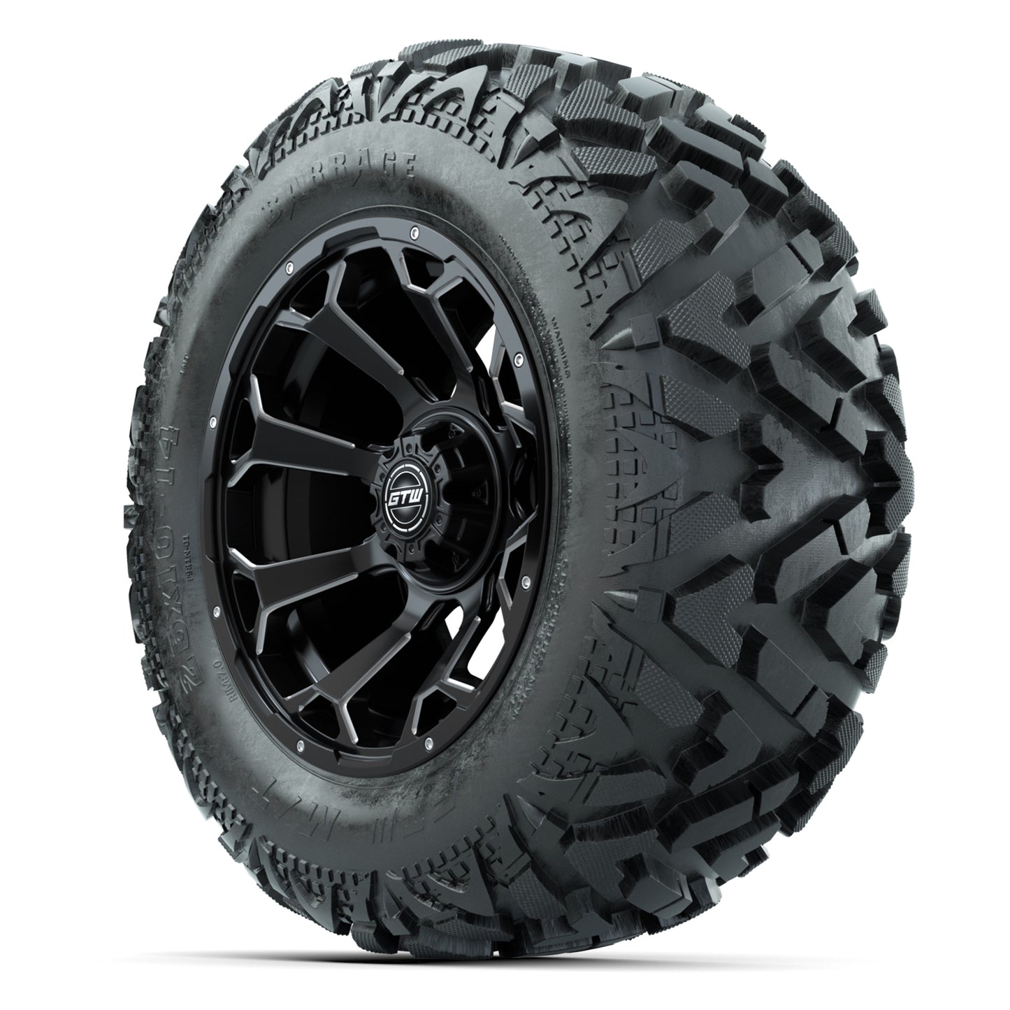 GTW Raven Matte Black/Ball Mill 14 in Wheels with 25x10-14 Barrage Mud Tires – Full Set