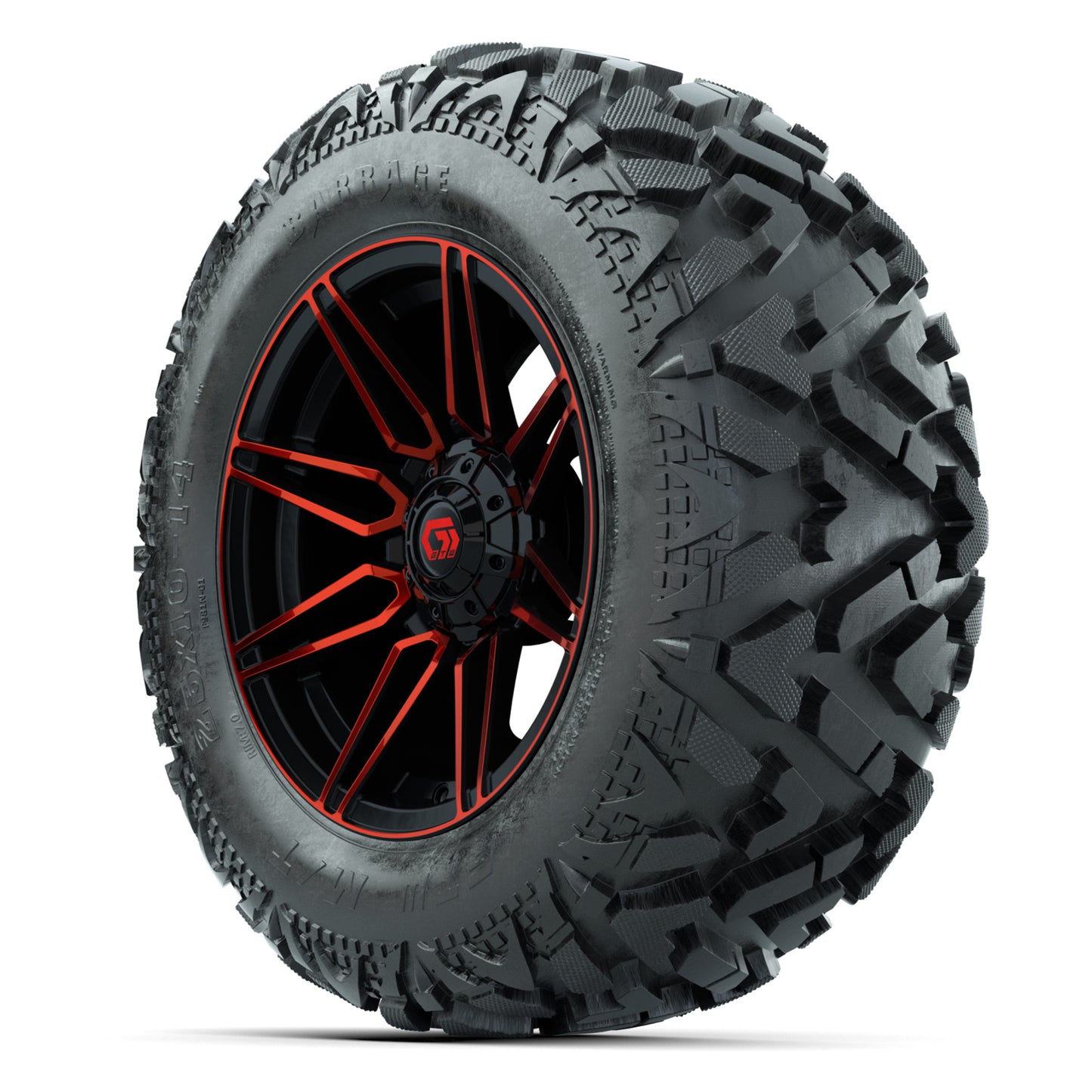 GTW Stealth Red/Machined 14 in Wheels with 25x10-14 Barrage Mud Tires – Full Set