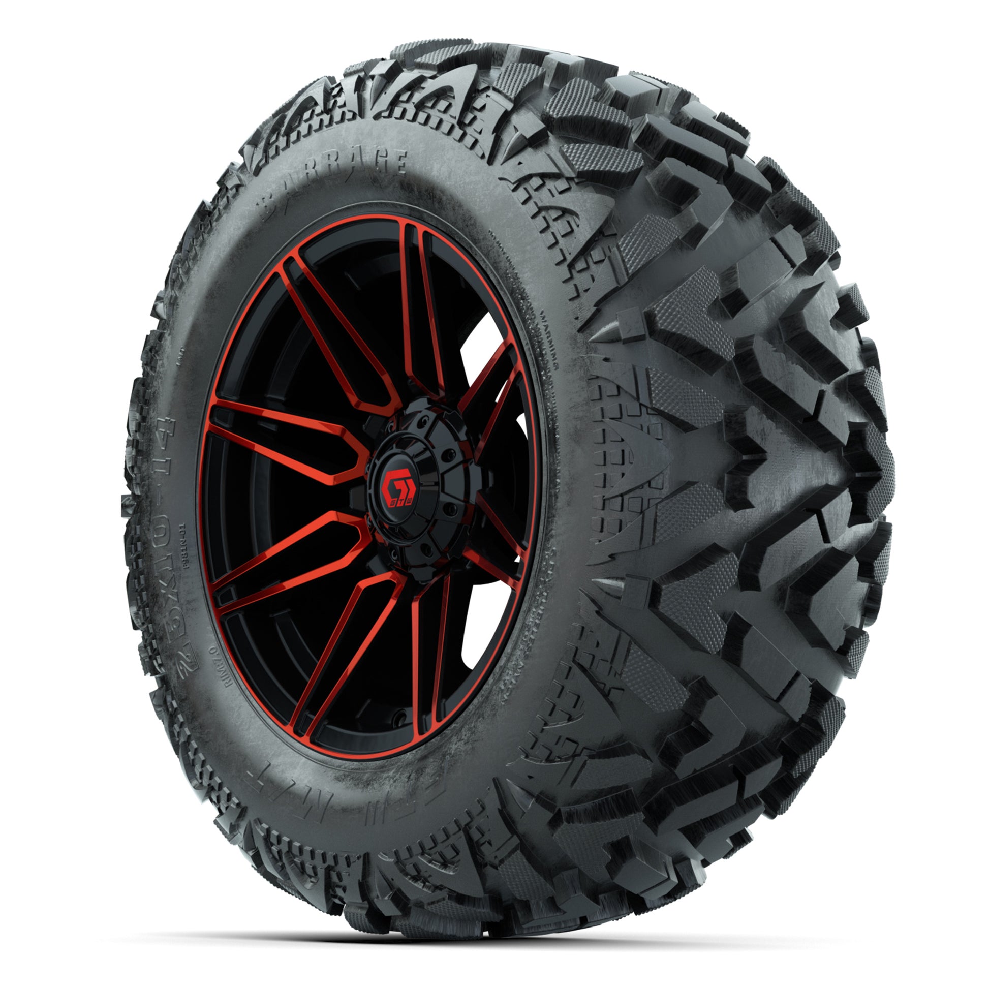 GTW Stealth Red/Machined 14 in Wheels with 25x10-14 Barrage Mud Tires – Full Set