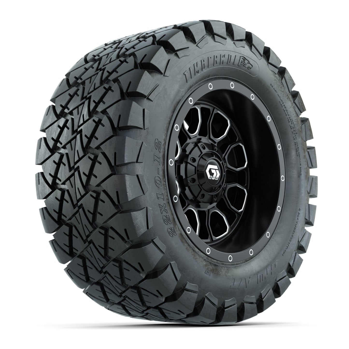 GTW® Volt Black/Machined 12 in Wheels with 22X10-12 Timberwolf All-Terrain Tires – Full Set