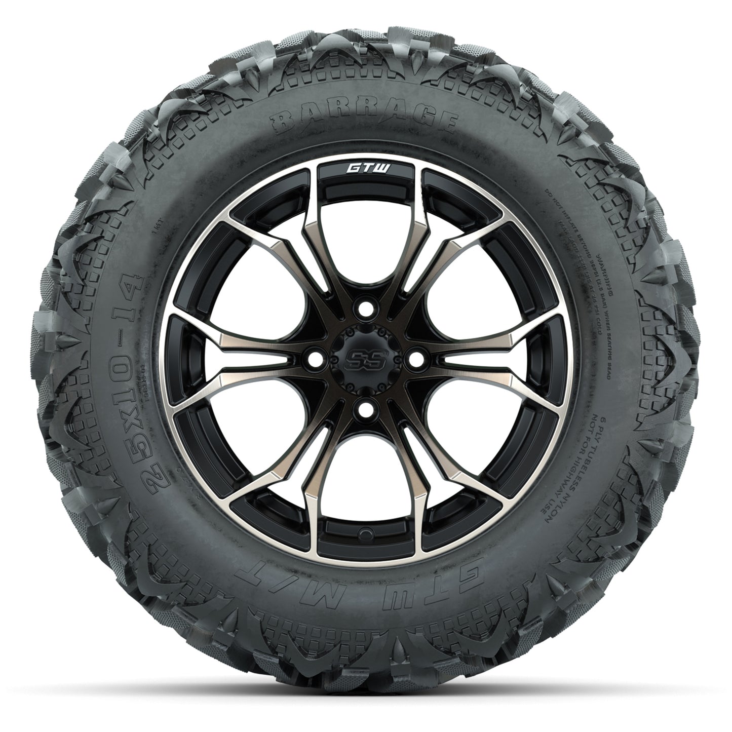 GTW Spyder Matte Black/Bronze 14 in Wheels with 25x10-14 Barrage Mud Tires – Full Set