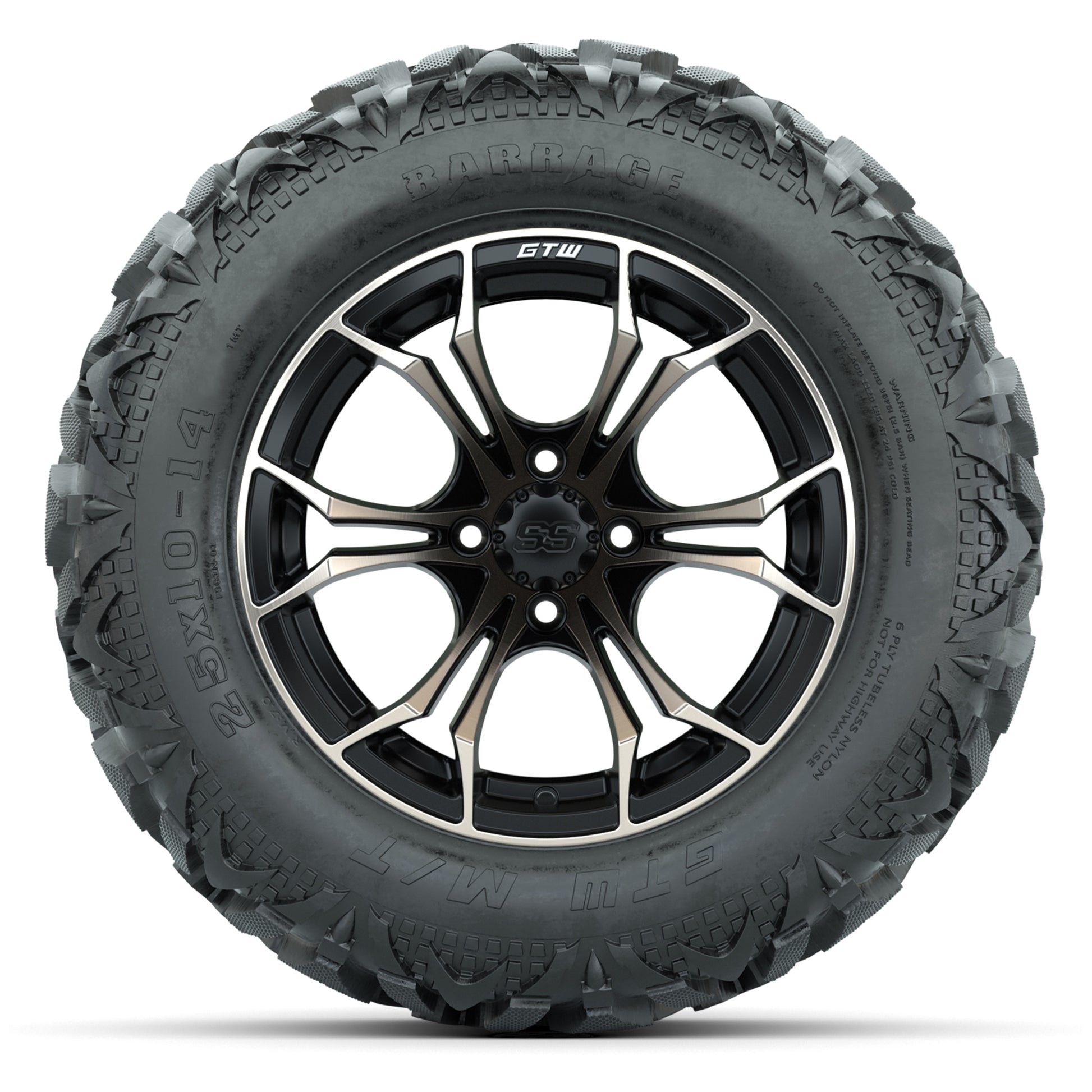 GTW Spyder Matte Black/Bronze 14 in Wheels with 25x10-14 Barrage Mud Tires – Full Set