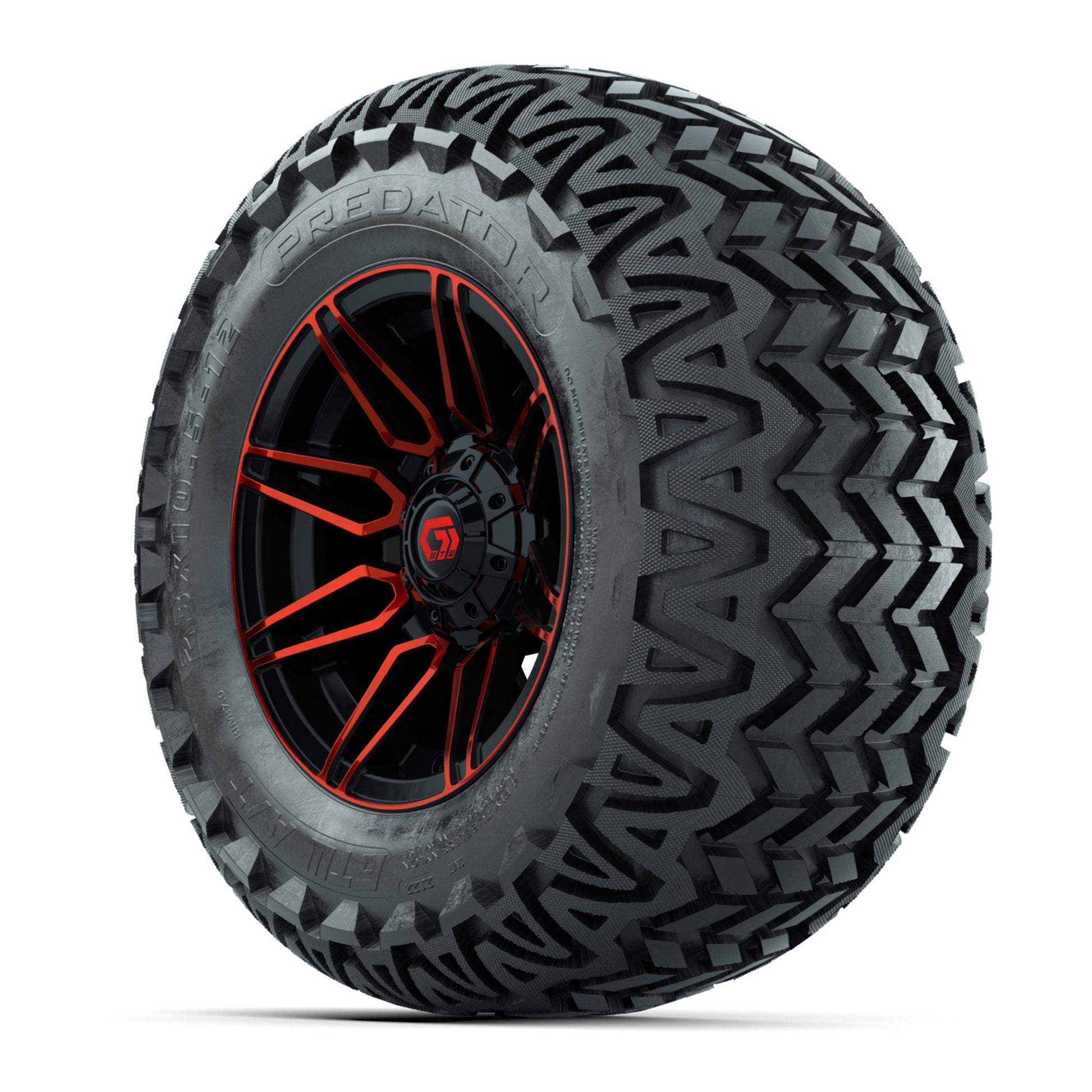GTW® Stealth Red/Machined 12 in Wheels with 23X10.5-12 Predator All-Terrain Tires – Full Set