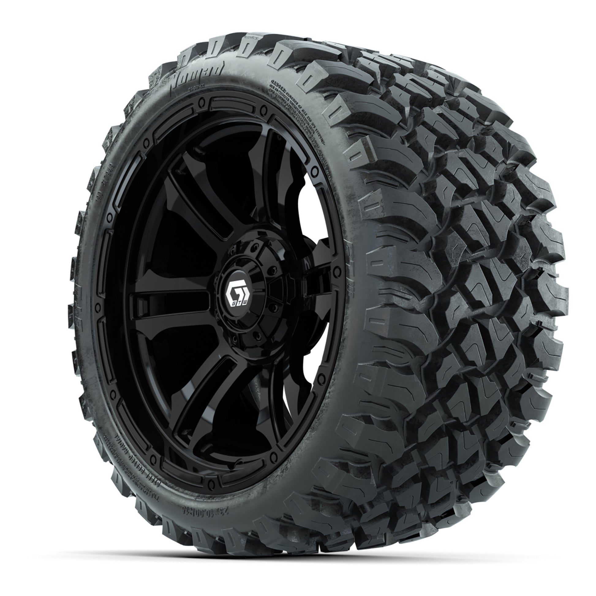 GTW® Shogun Gloss Black 15 in Wheels with 23x10-R15 Nomad Steel Belted Radial All-Terrain Tires – Full Set