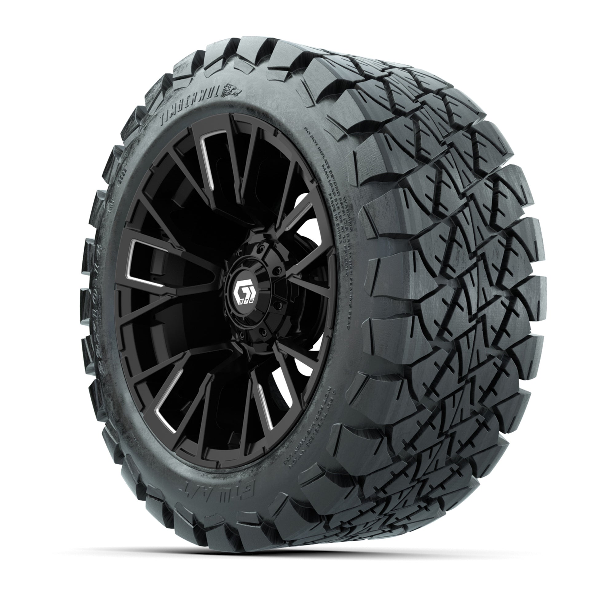 GTW® Vandal Matte Black/Machined 14 in Wheels with 22x10-14 Timberwolf All-Terrain Tires – Full Set