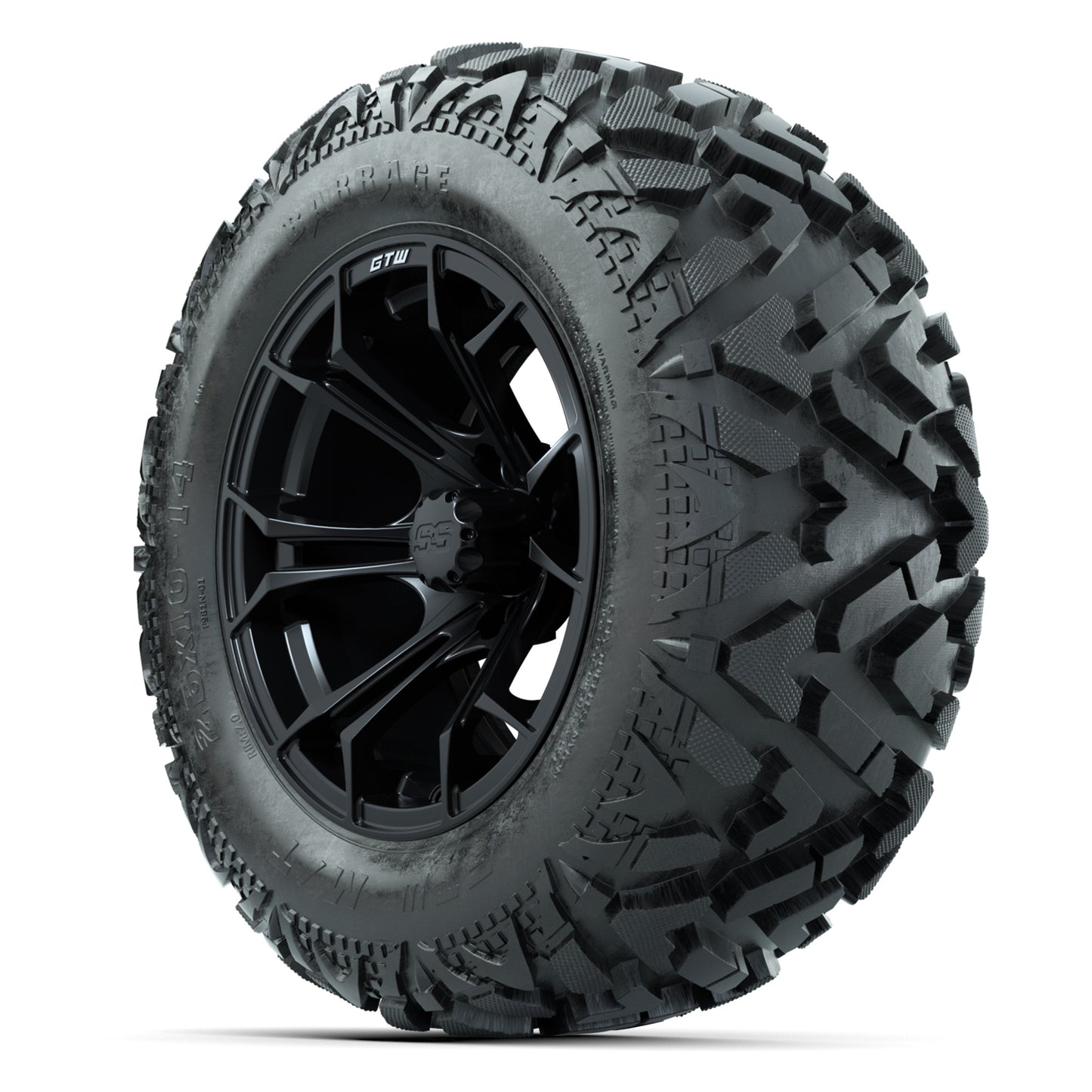 GTW Spyder Matte Black 14 in Wheels with 25x10-14 Barrage Mud Tires – Full Set