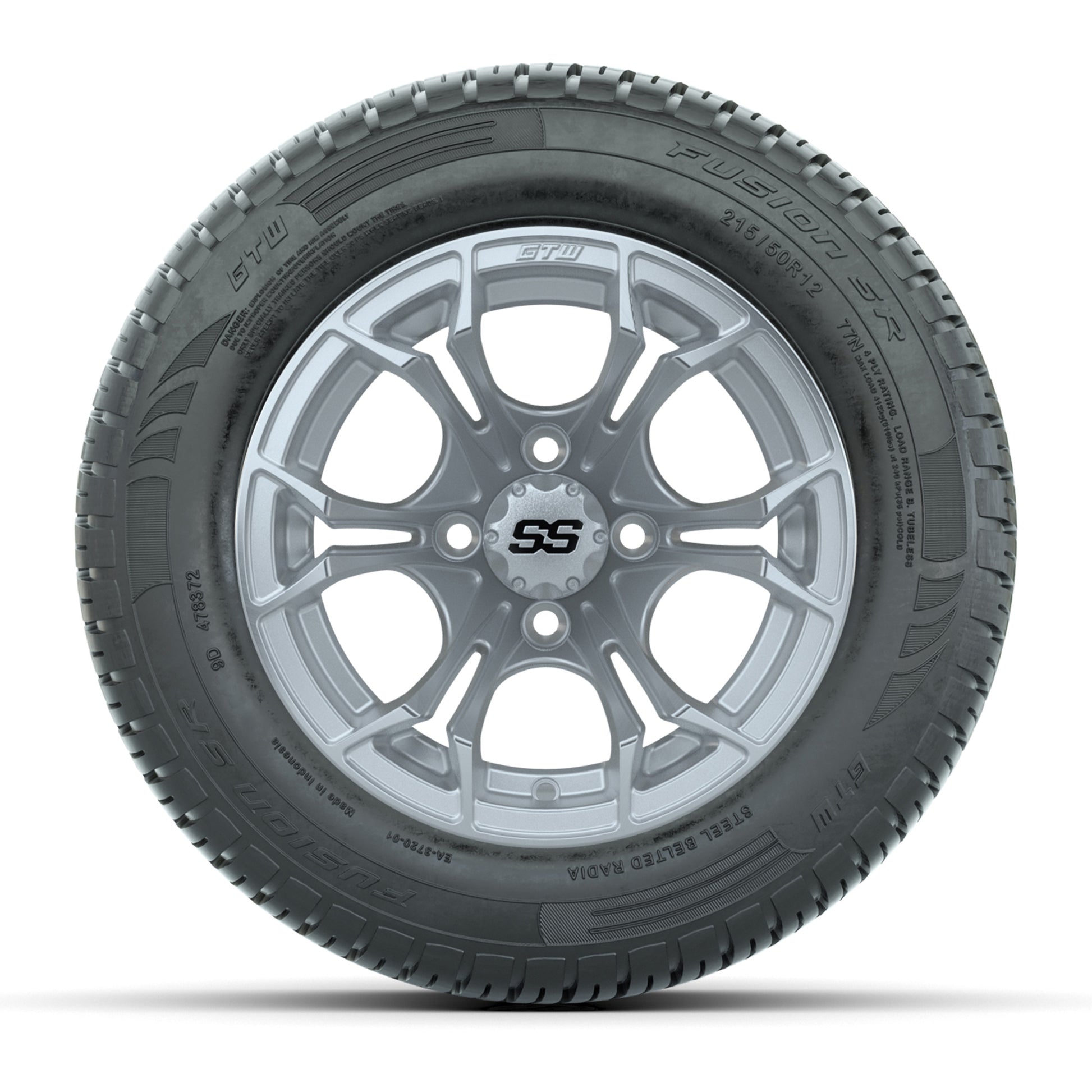 GTW® Spyder Silver Brush 12 in Wheels with 215/50-R12 Fusion S/R Steel Belt Radial Street Tires – Full Set