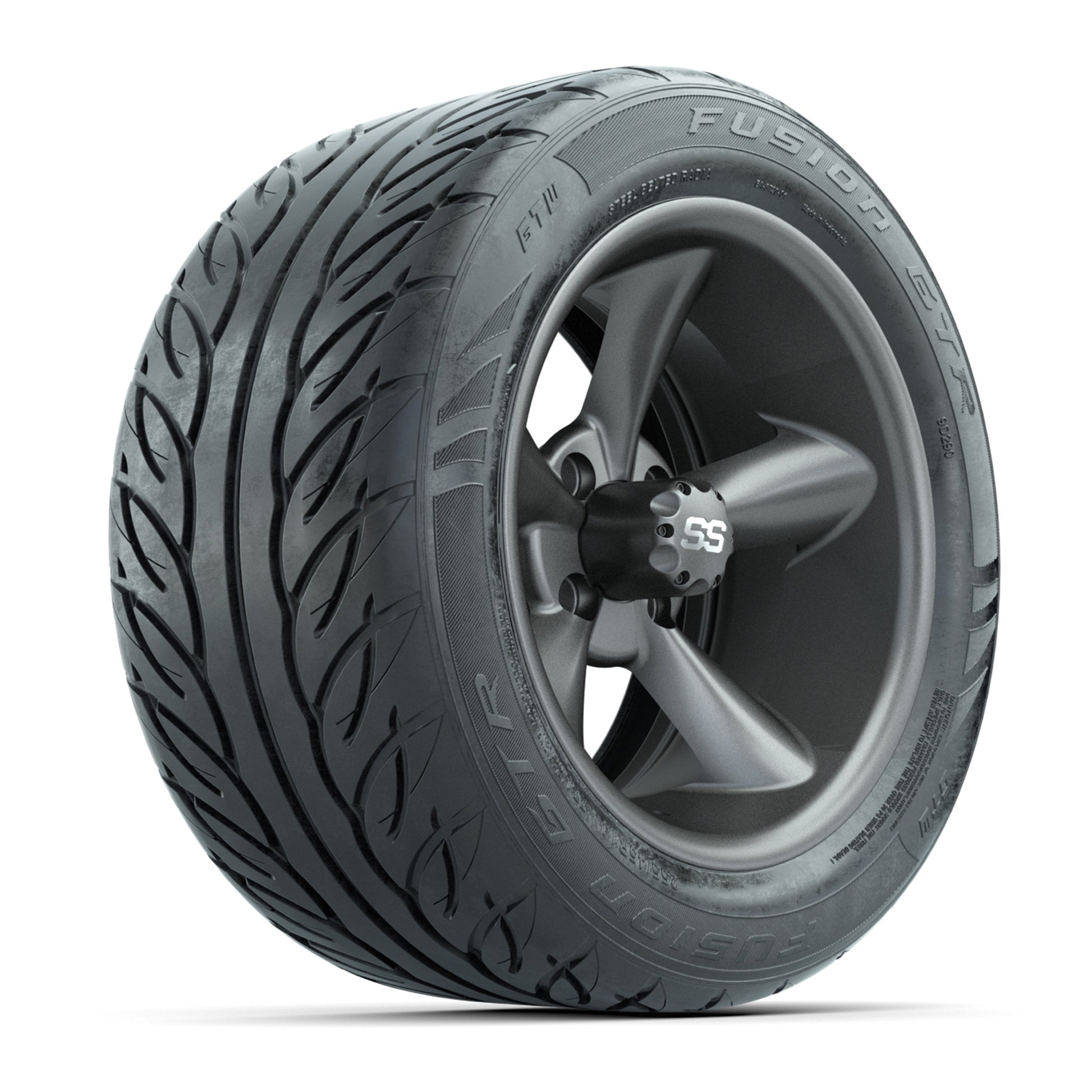 GTW® Godfather Matte Gray 14 in Wheels with 255/45-R14 Fusion GTR Steel Belt Radial Street Tires – Full Set