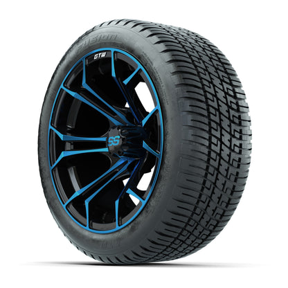 GTW® Spyder Black/Blue 14 in Wheels with 205/30-R14 Fusion Street Tires – Full Set