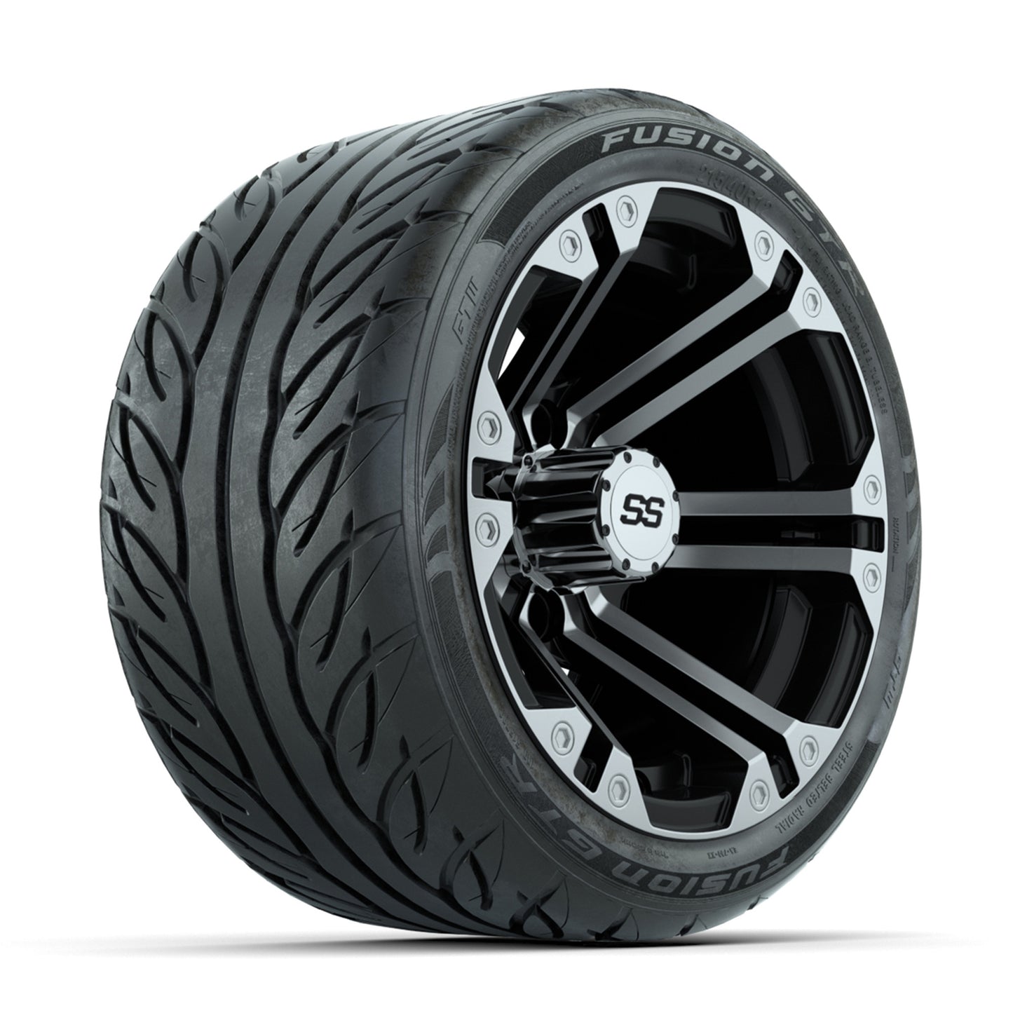 GTW® Specter Black/Machined 12 in Wheels with 215/40-R12 Fusion GTR Steel Belt Radial Street Tires – Full Set