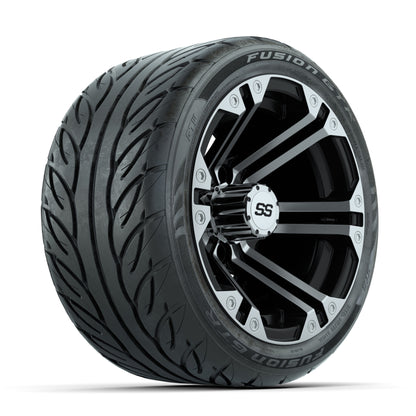 GTW® Specter Black/Machined 12 in Wheels with 215/40-R12 Fusion GTR Steel Belt Radial Street Tires – Full Set