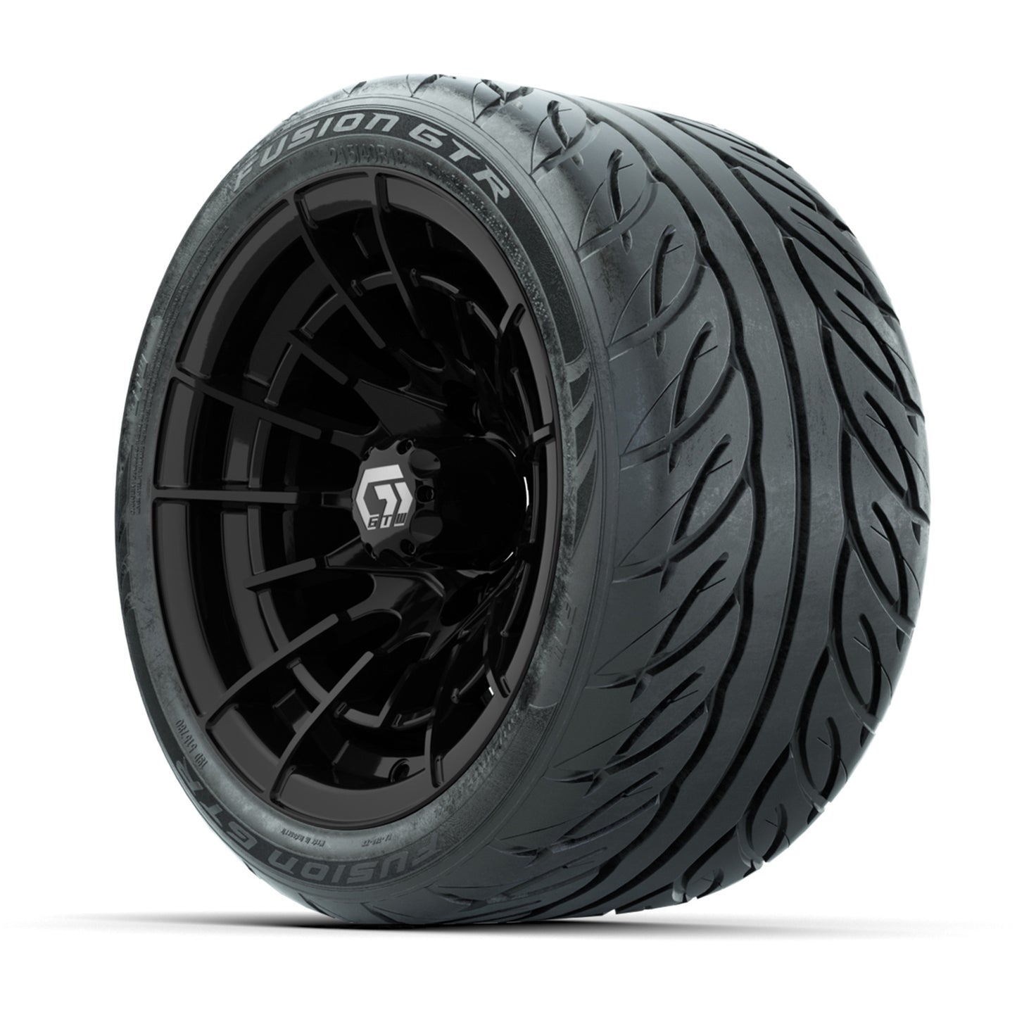 GTW® Boost Gloss Black 12 in Wheels with 215/40-R12 Fusion GTR Steel Belt Radial Street Tires – Full Set