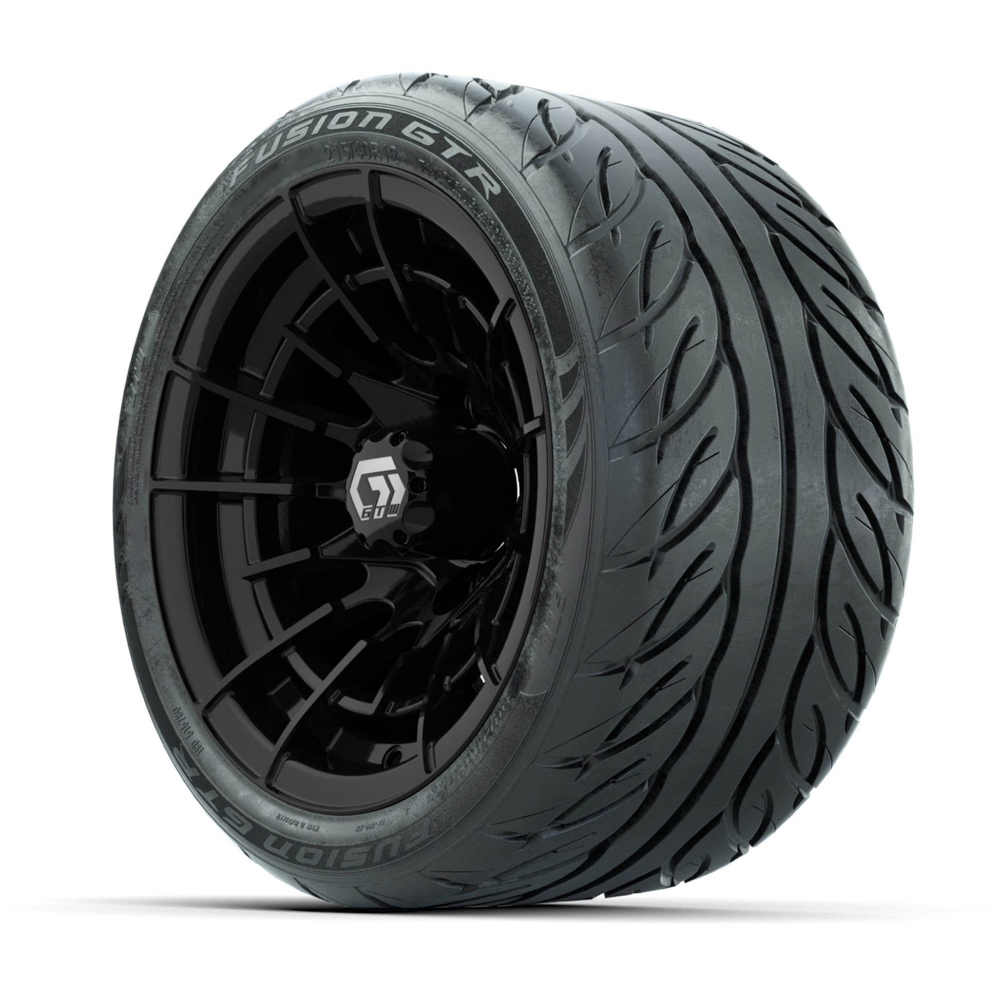 GTW® Boost Gloss Black 12 in Wheels with 215/40-R12 Fusion GTR Steel Belt Radial Street Tires – Full Set