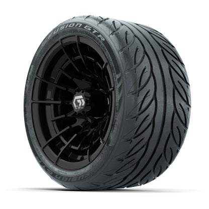 GTW® Boost Gloss Black 12 in Wheels with 215/40-R12 Fusion GTR Steel Belt Radial Street Tires – Full Set