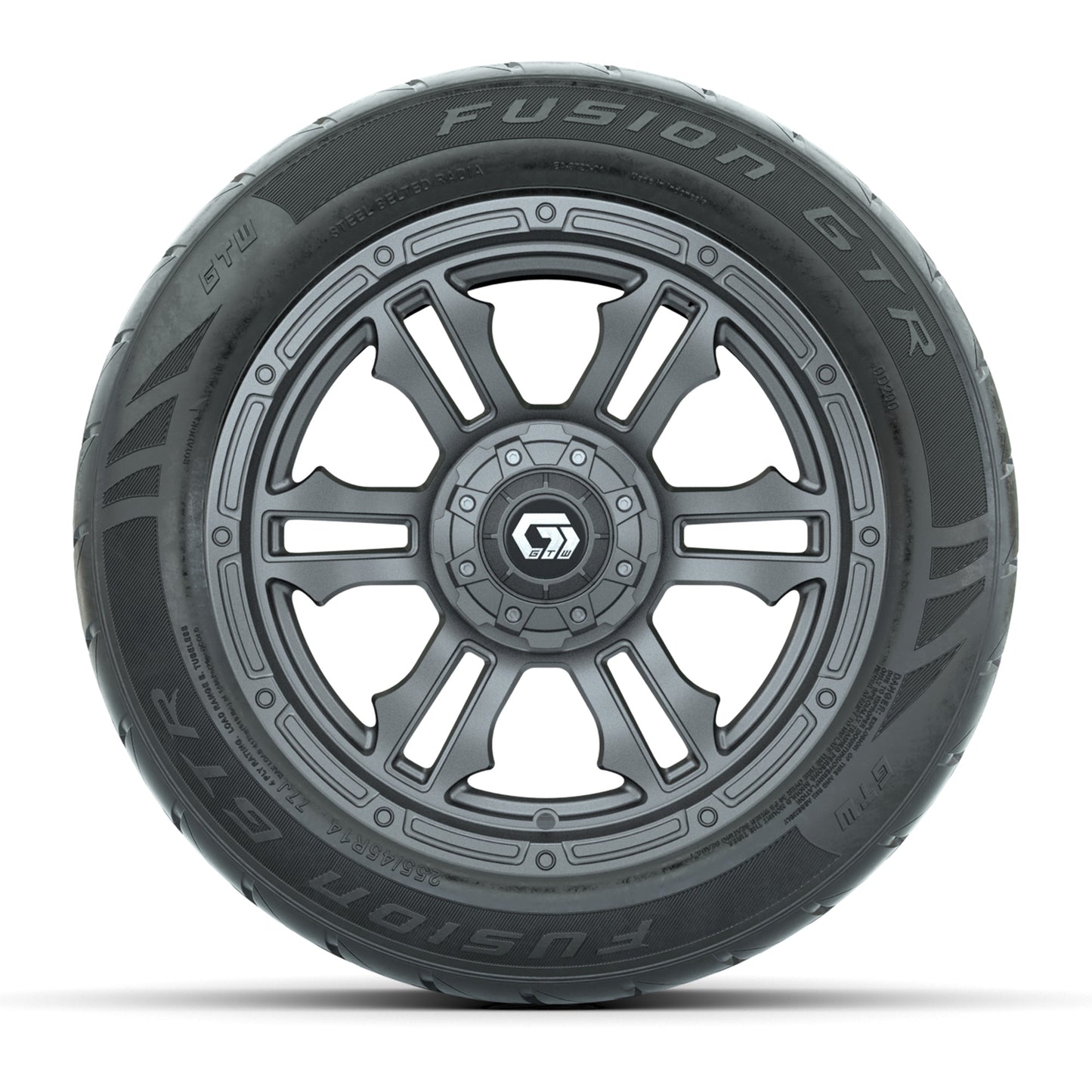 GTW® Shogun Gunmetal 14 in Wheels with 255/45-R14 Fusion GTR Steel Belt Radial Street Tires – Full Set