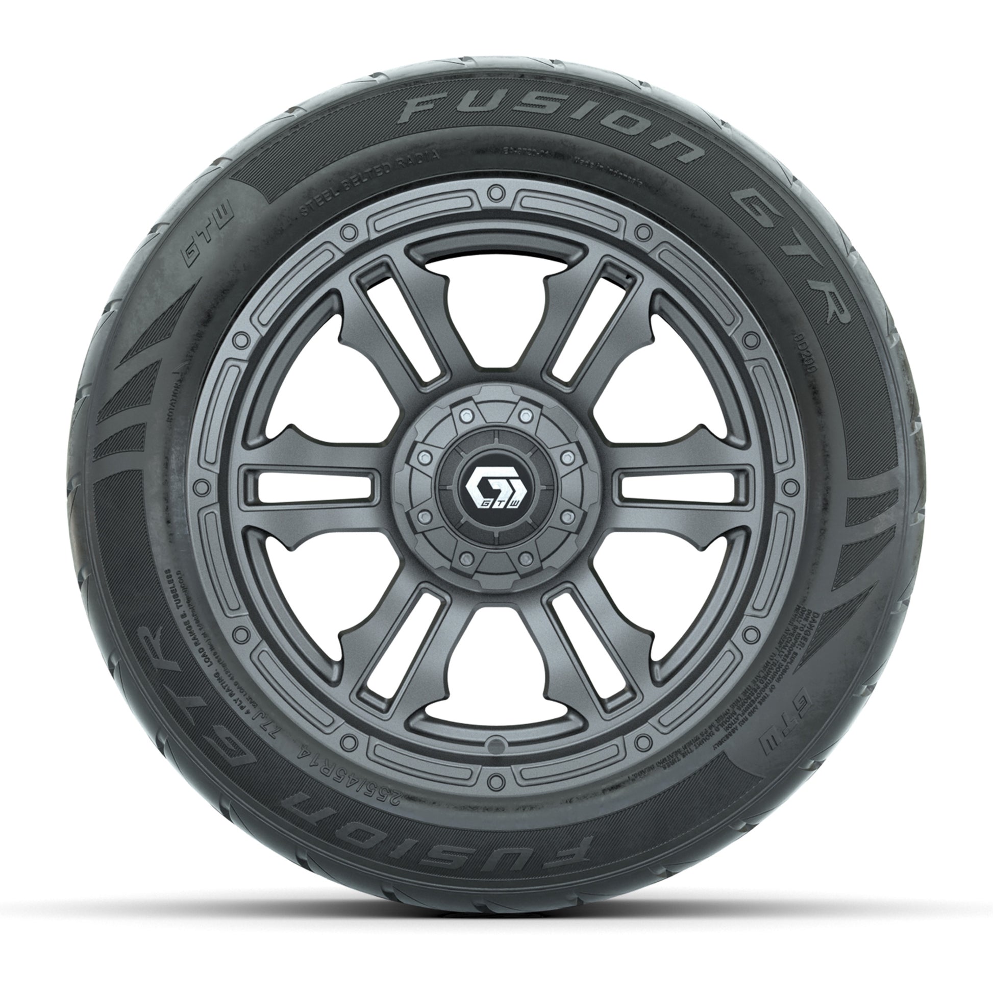 GTW® Shogun Gunmetal 14 in Wheels with 255/45-R14 Fusion GTR Steel Belt Radial Street Tires – Full Set