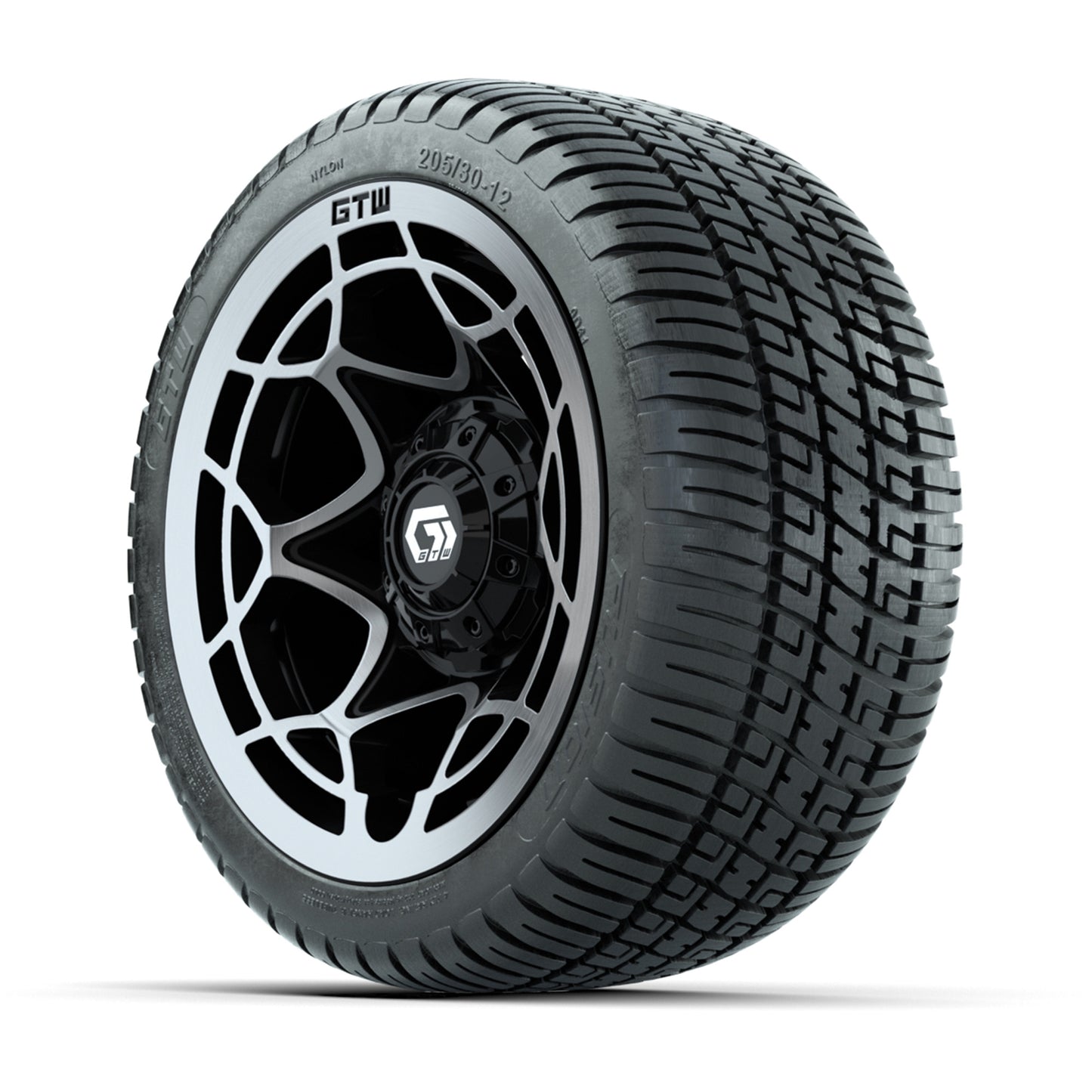 GTW® Nexus Black with Silver Face 12 in Wheels with 205/30-12 Fusion Street Tires - Full Set