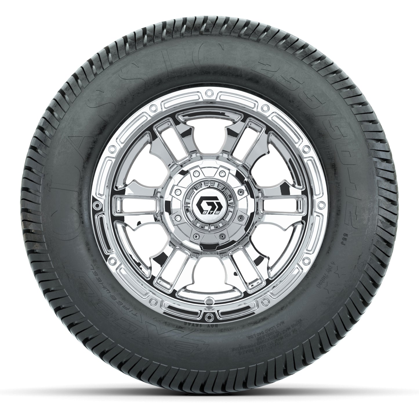 GTW® Shogun Chrome 12 in Wheels with 255/50-12 Excel Classic Street Tires – Full Set