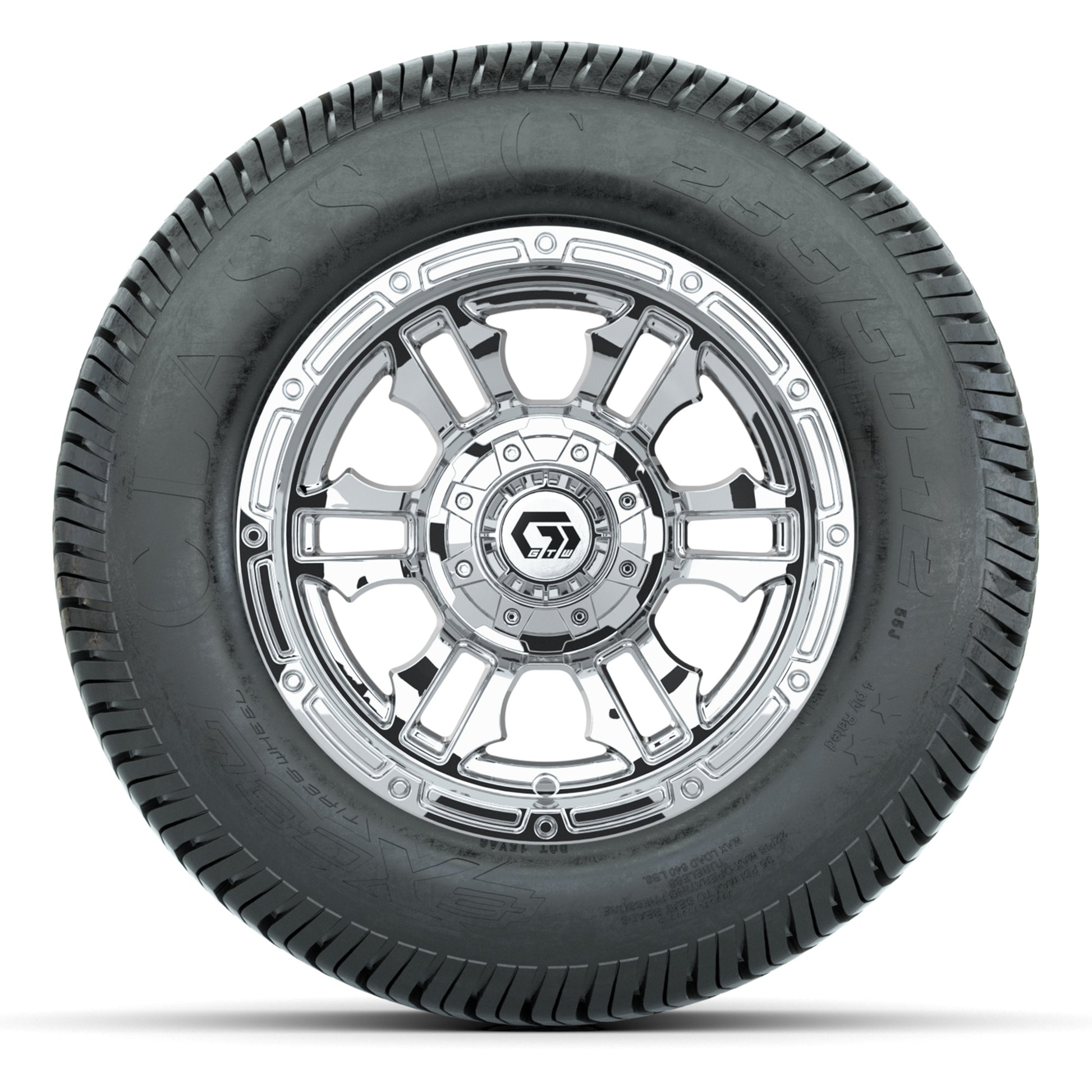 GTW® Shogun Chrome 12 in Wheels with 255/50-12 Excel Classic Street Tires – Full Set