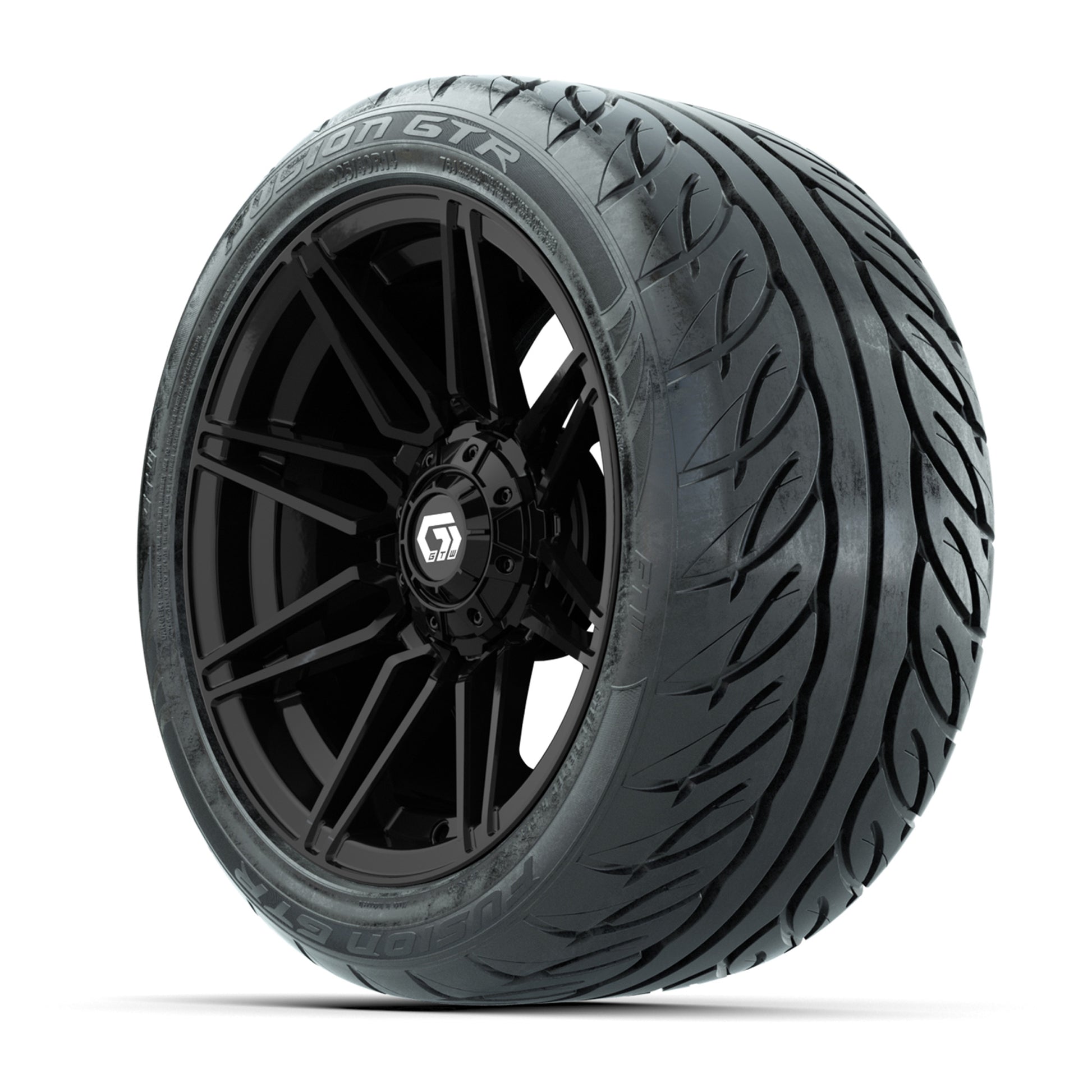 GTW® Stealth Gloss Black 14 in Wheels with 225/40-R14 Fusion GTR Steel Belt Radial Street Tires – Full Set
