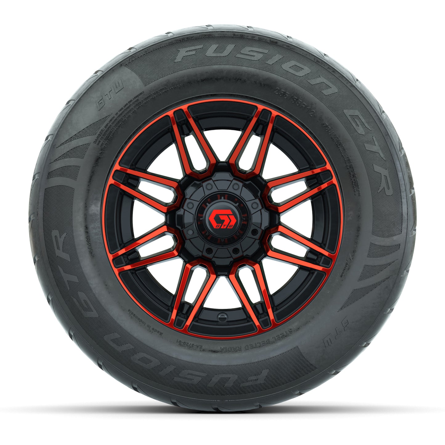 GTW® Stealth Red/Machined 12 in Wheels with 255/55-R12 Fusion GTR Steel Belt Radial Street Tires – Full Set