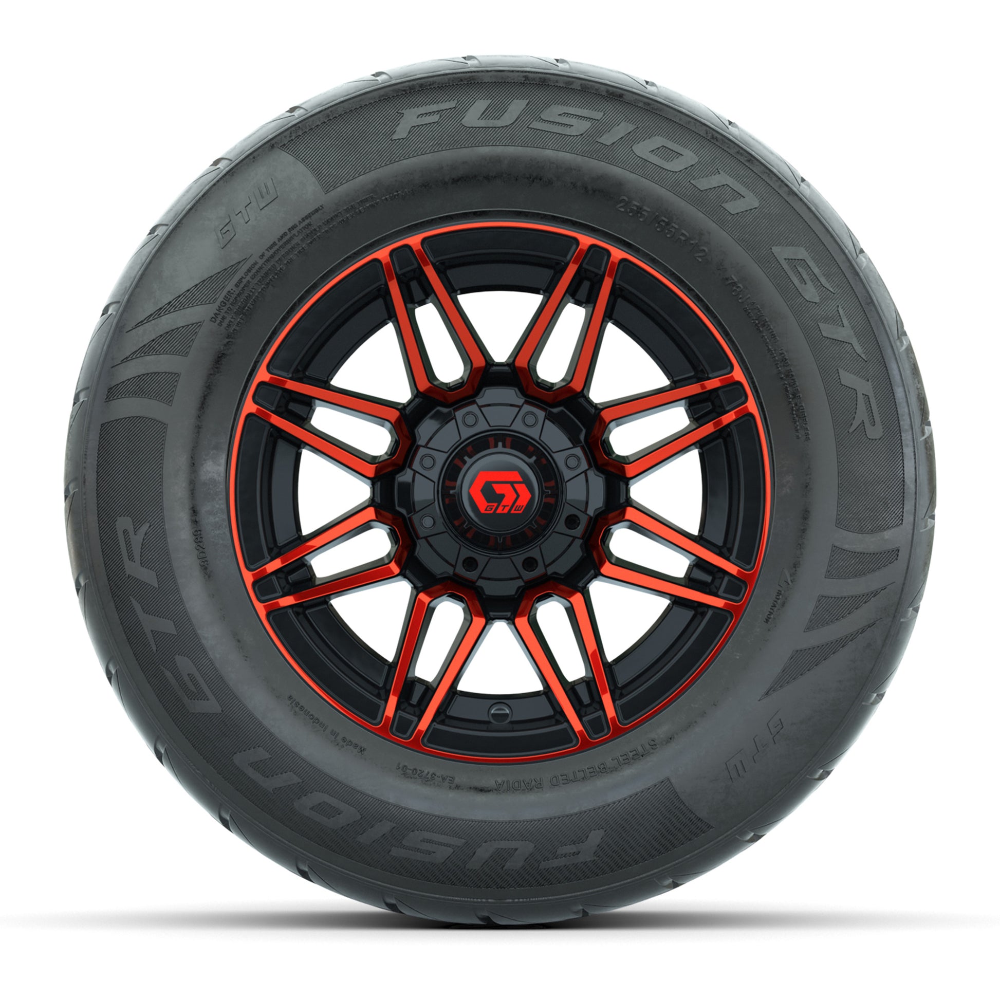 GTW® Stealth Red/Machined 12 in Wheels with 255/55-R12 Fusion GTR Steel Belt Radial Street Tires – Full Set