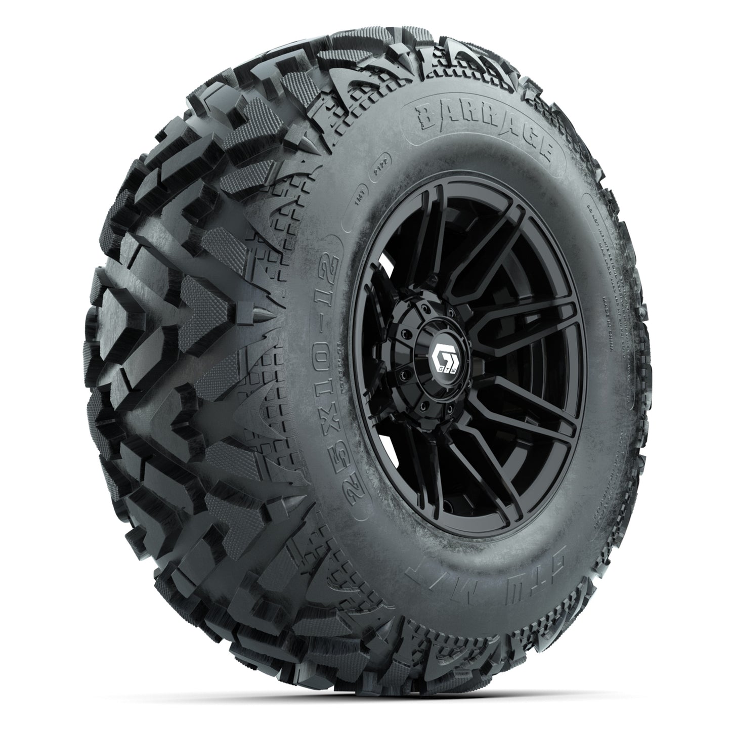 GTW® Stealth Gloss Black 12 in Wheels with 25X10-12 Barrage Mud Tires – Full Set