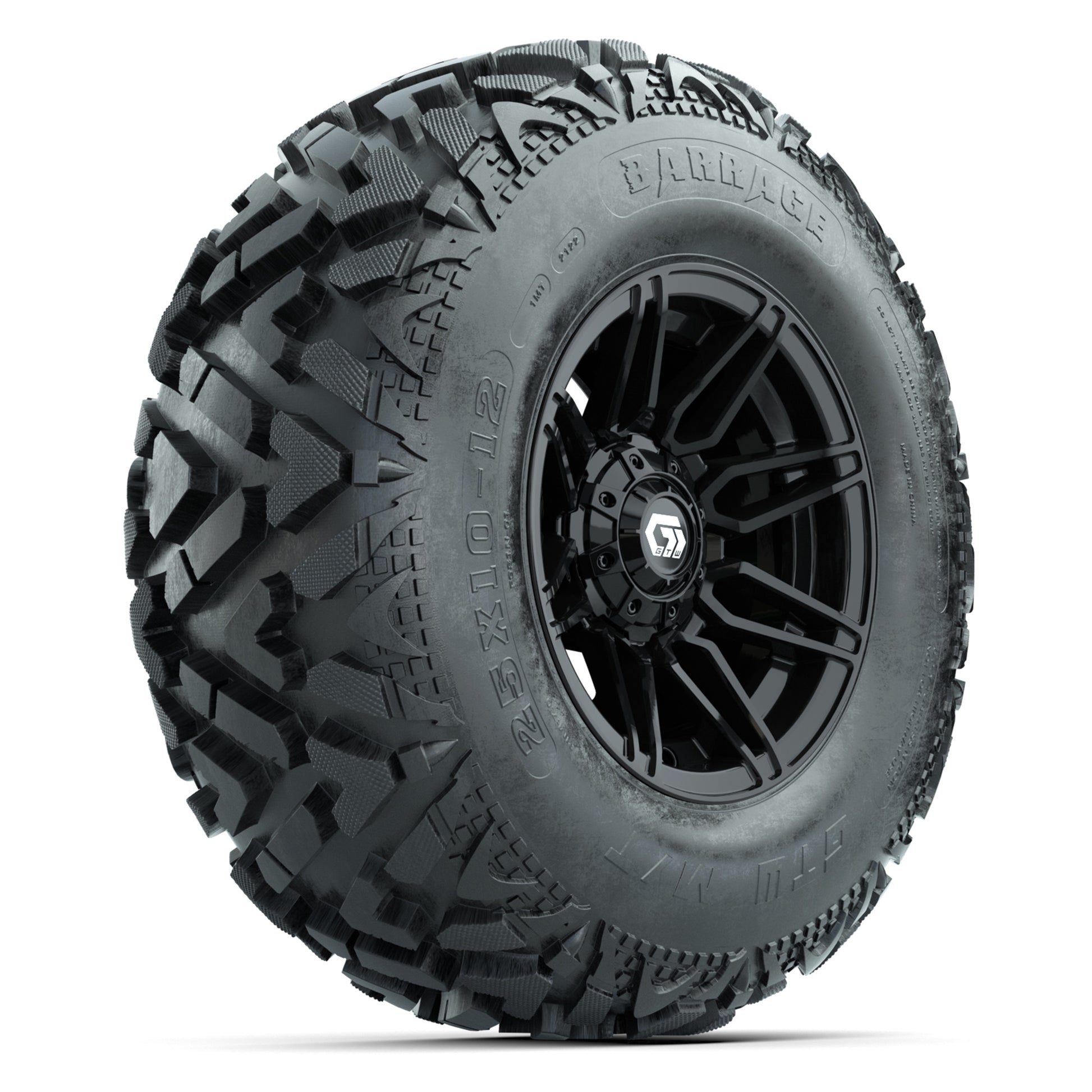 GTW® Stealth Gloss Black 12 in Wheels with 25X10-12 Barrage Mud Tires – Full Set