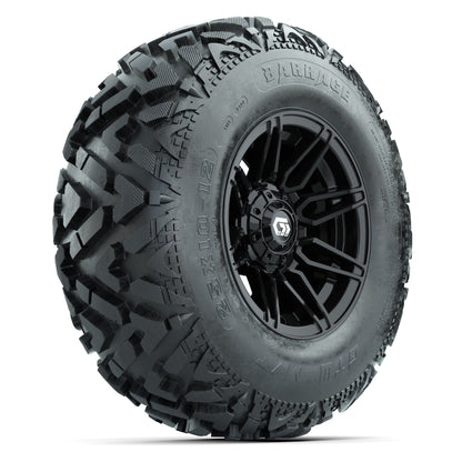 GTW® Stealth Gloss Black 12 in Wheels with 25X10-12 Barrage Mud Tires – Full Set