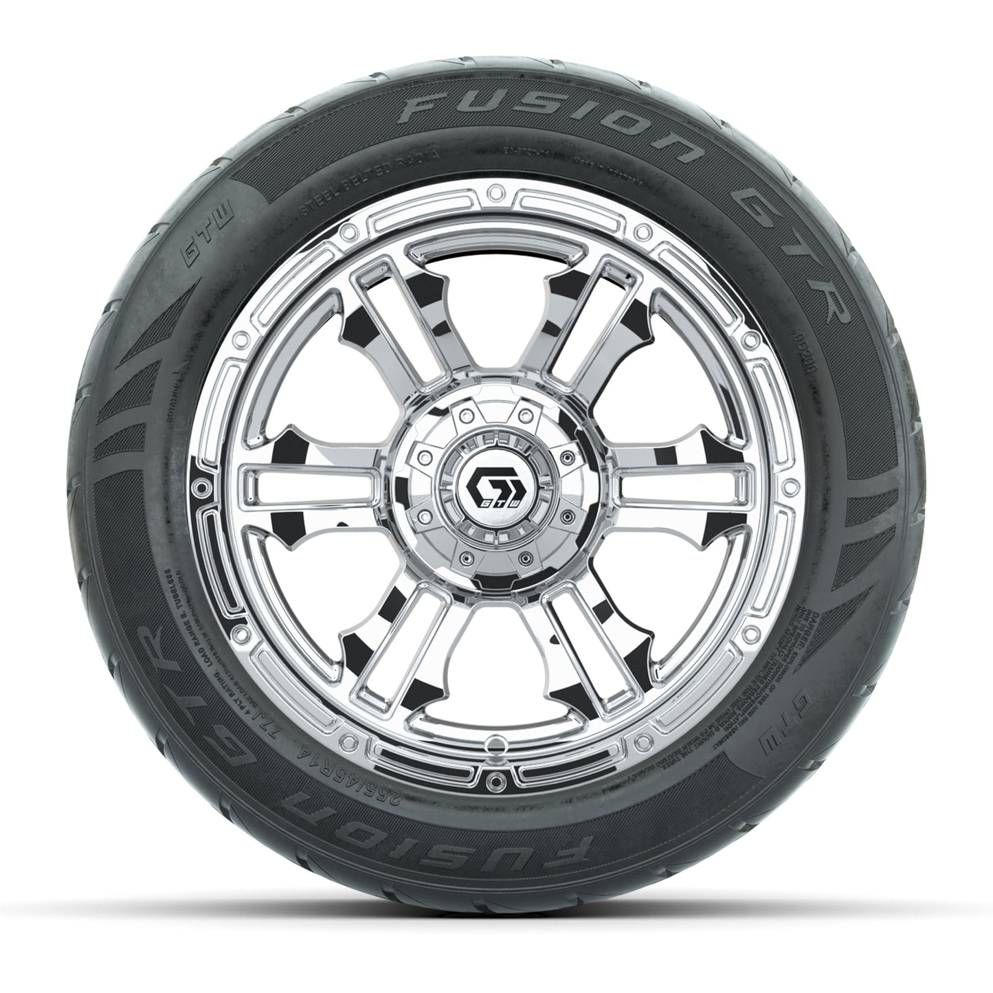 GTW® Shogun Chrome 14 in Wheels with 255/45-R14 Fusion GTR Steel Belt Radial Street Tires – Full Set