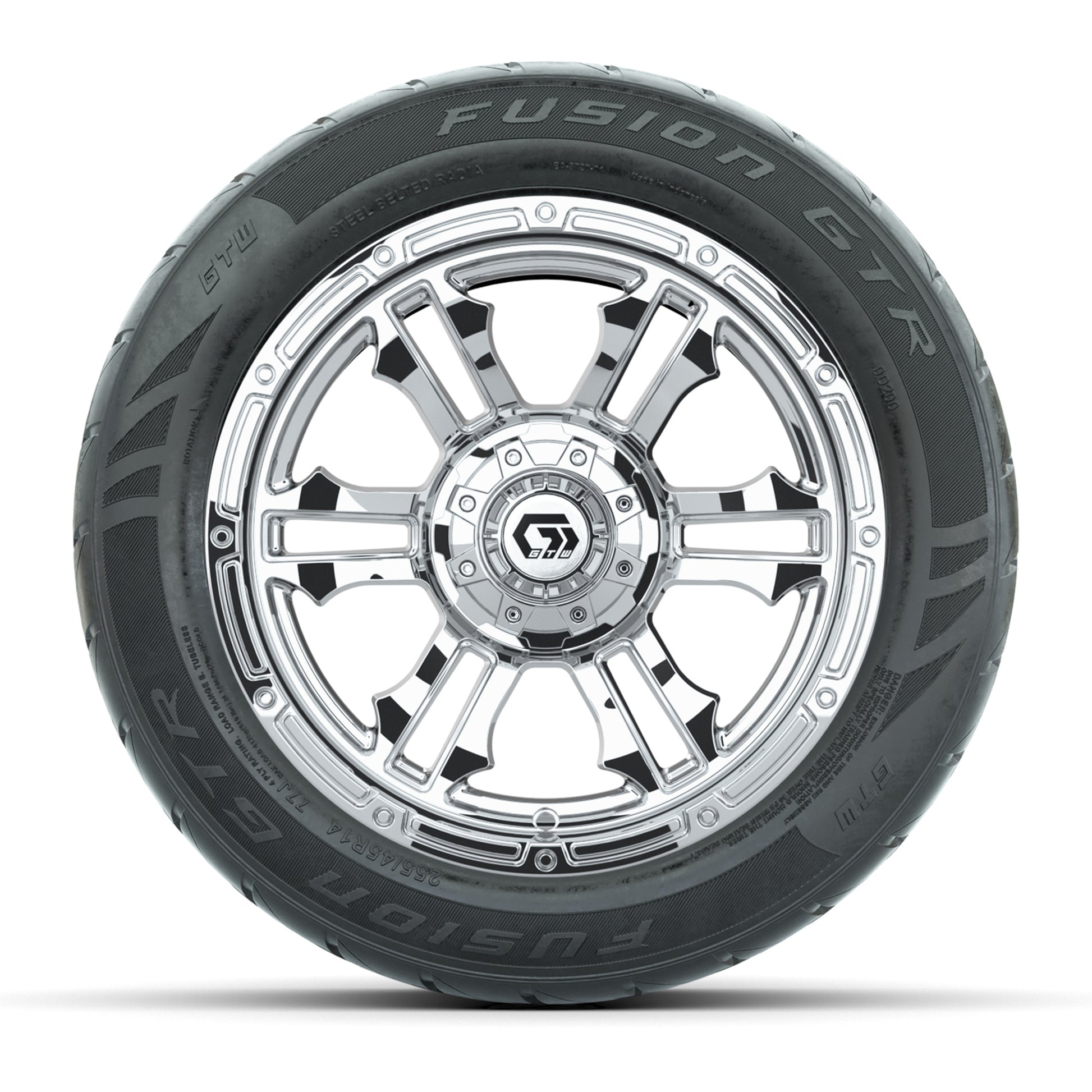 GTW® Shogun Chrome 14 in Wheels with 255/45-R14 Fusion GTR Steel Belt Radial Street Tires – Full Set