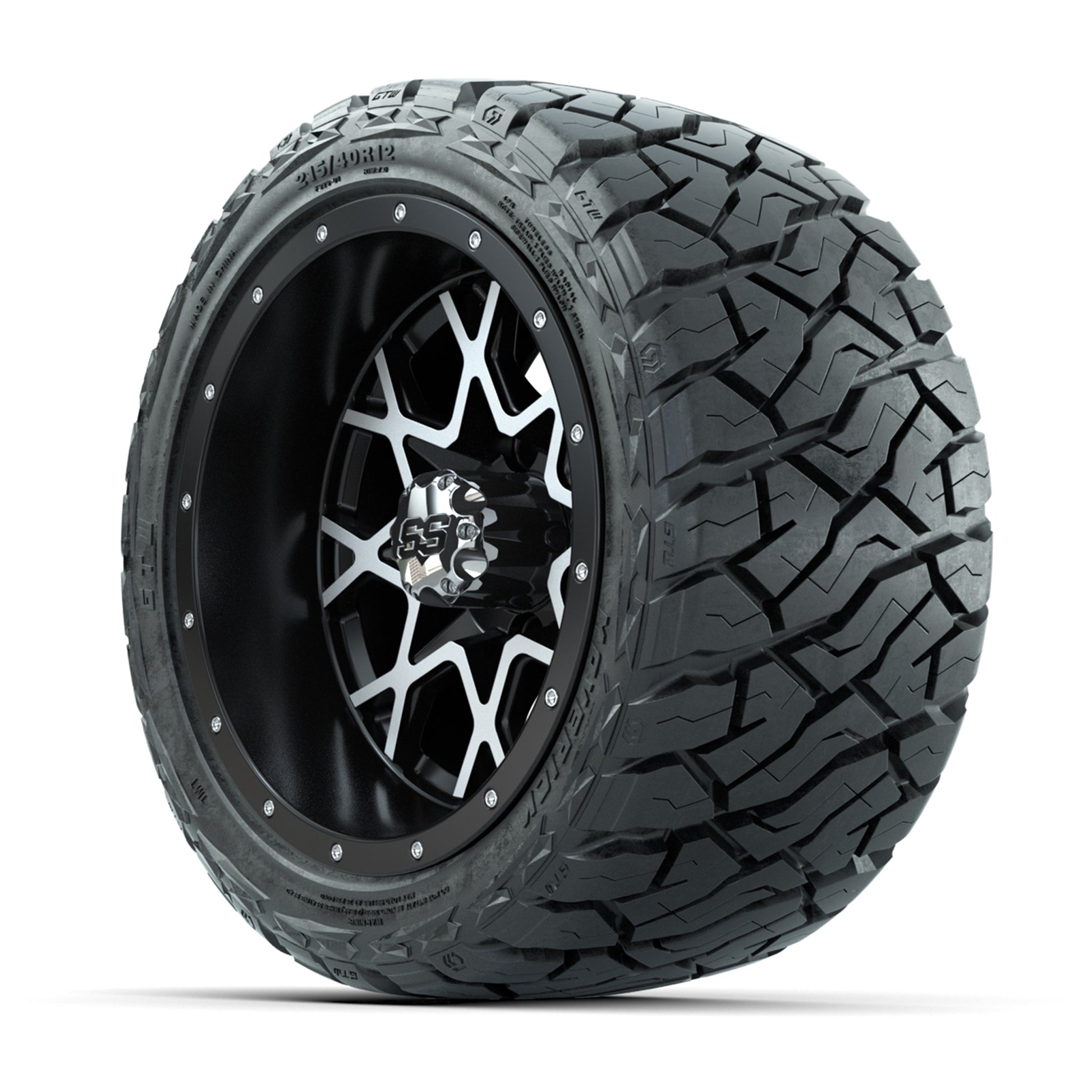GTW Vortex Matte Black/Machined 12 in Wheels with 215/40-R12 Maverick Low-Profile All-Terrain Tires – Full Set