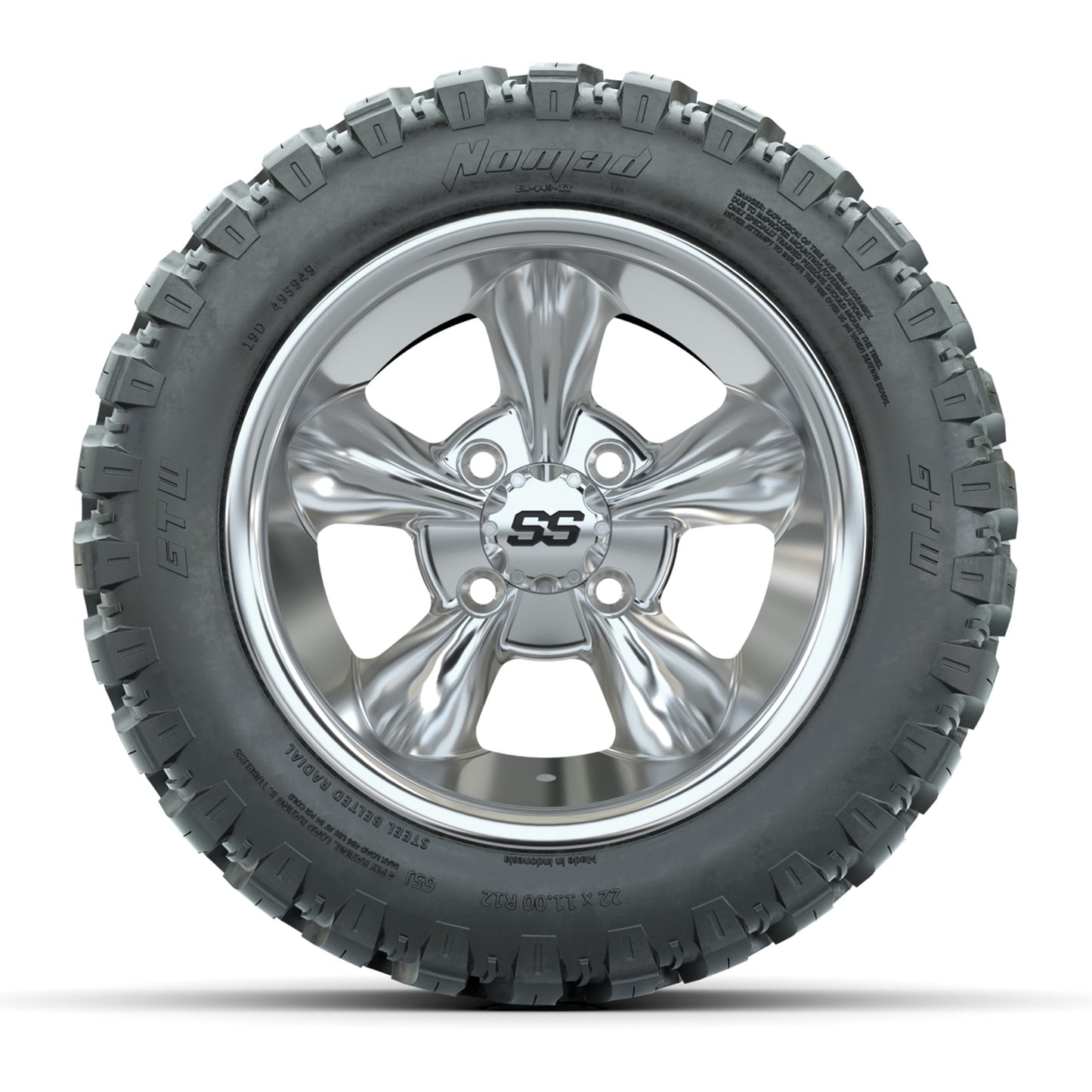 GTW® Godfather Chrome 12 in Wheels with 22X11-R12 Nomad Steel Belt Radial All-Terrain Tires – Full Set