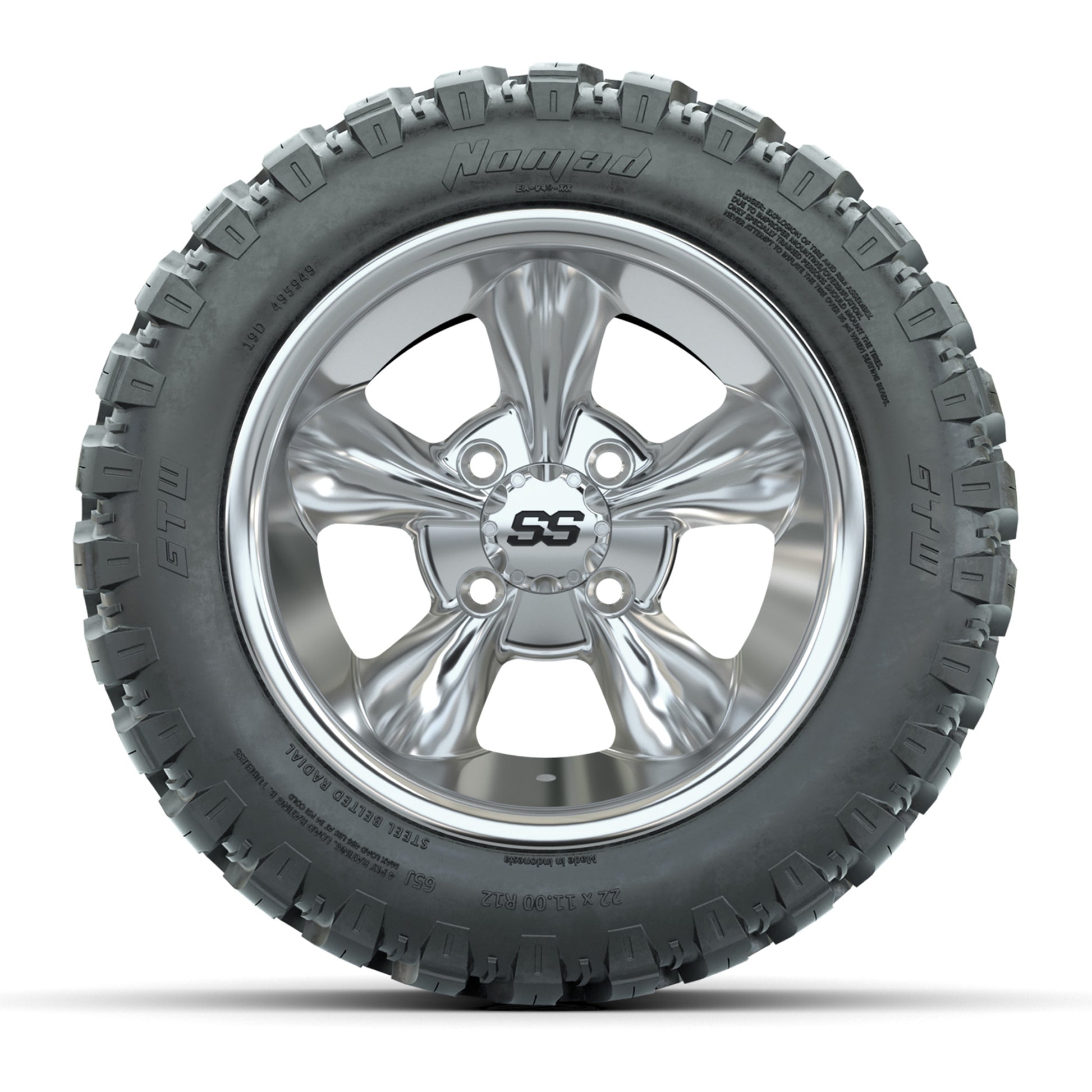 GTW® Godfather Chrome 12 in Wheels with 22X11-R12 Nomad Steel Belt Radial All-Terrain Tires – Full Set