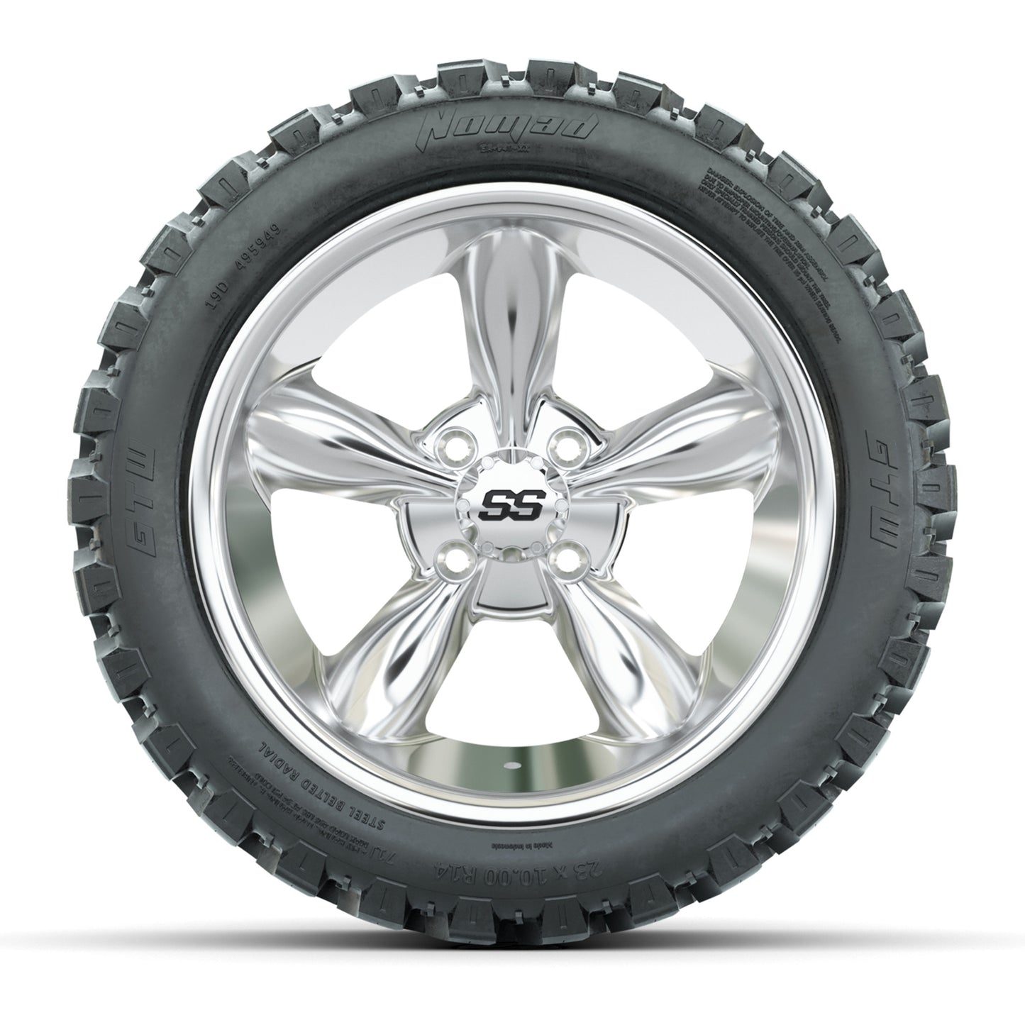 GTW® Godfather Chrome 14 in Wheels with 23X10-R14 Nomad Steel Belt Radial All-Terrain Tires – Full Set