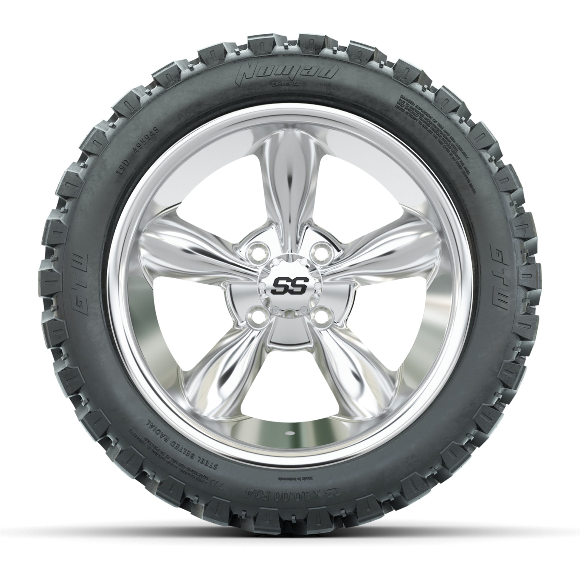 GTW® Godfather Chrome 14 in Wheels with 23X10-R14 Nomad Steel Belt Radial All-Terrain Tires – Full Set