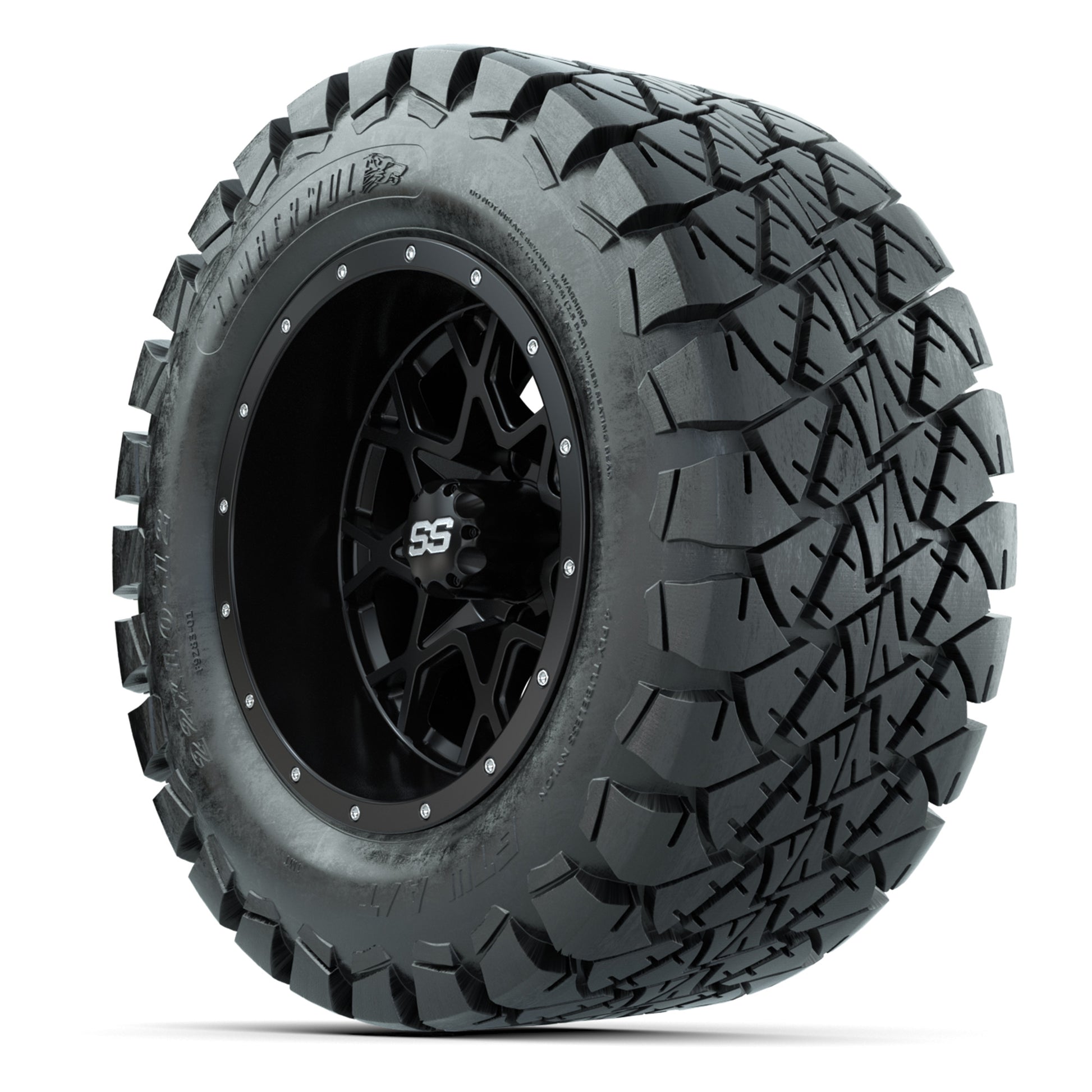 GTW® Vortex 2 Matte Black/Machined 12 in Wheels with 22X10-12 Timberwolf All-Terrain Tires – Full Set